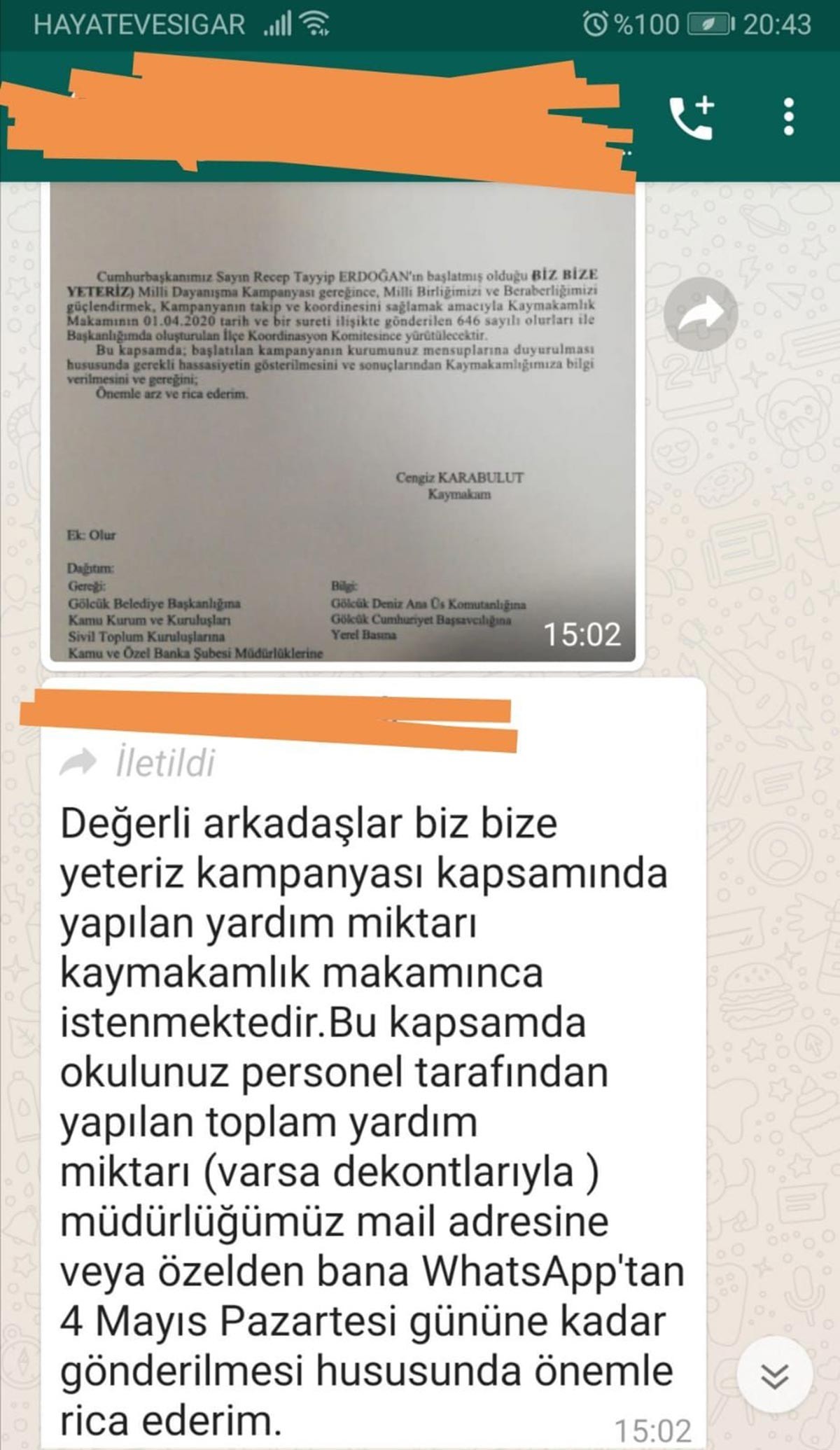 Gönderilen mesajın ekran görüntüsü