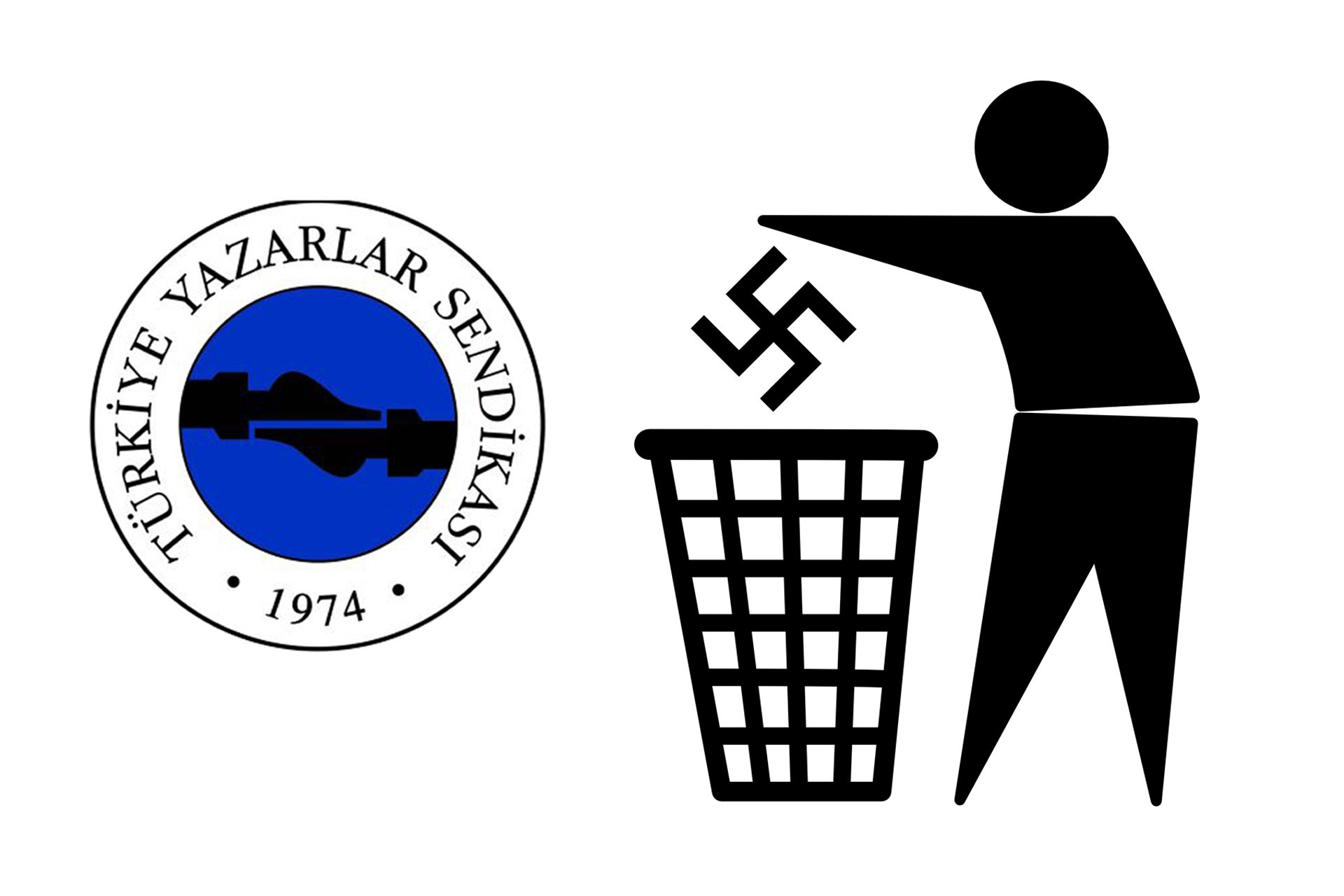 TYS logosu ve gamalı haçı çöpe atan insan çizimi