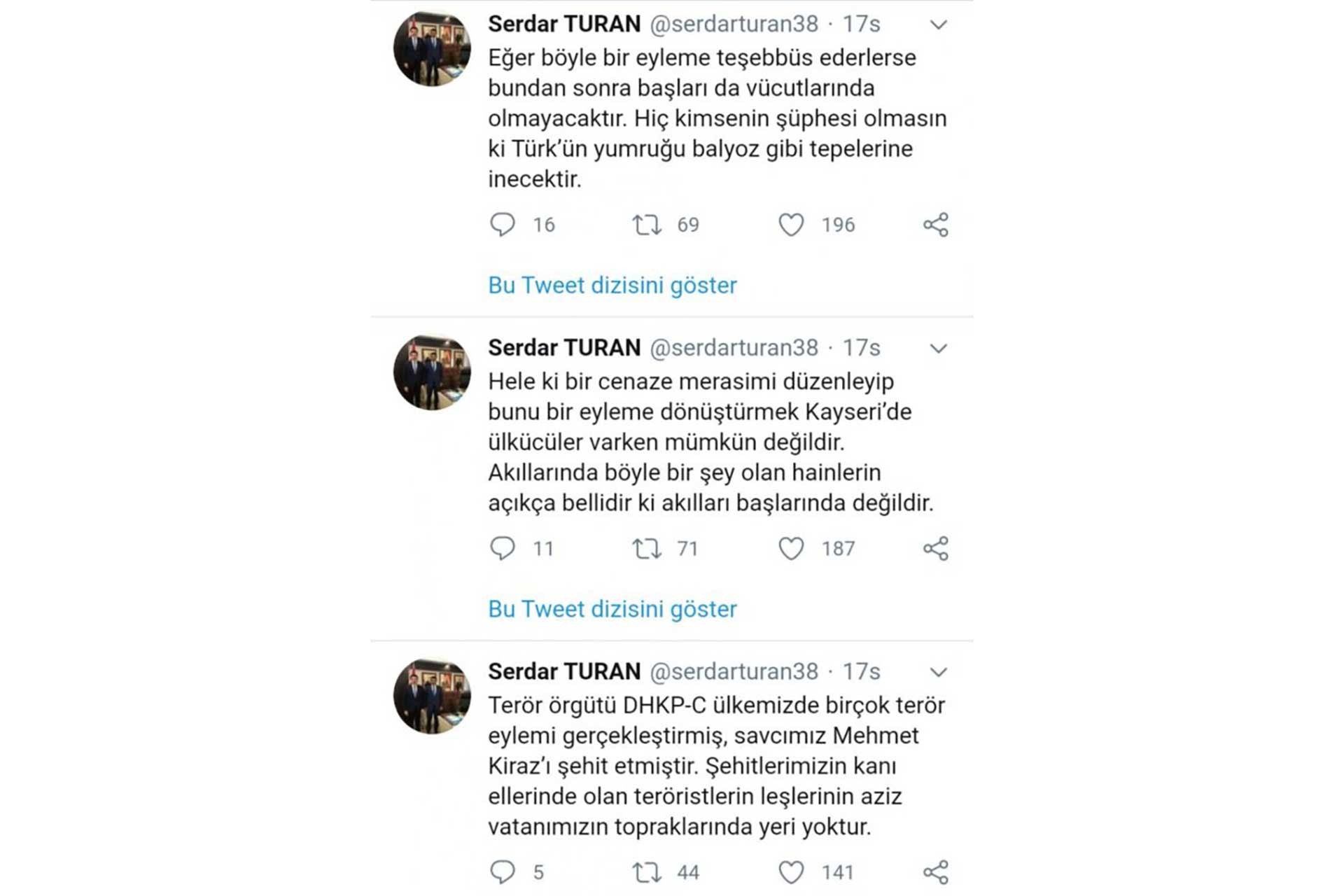 Sedar Turan'ın ölüm tehdidi içeren mesajları