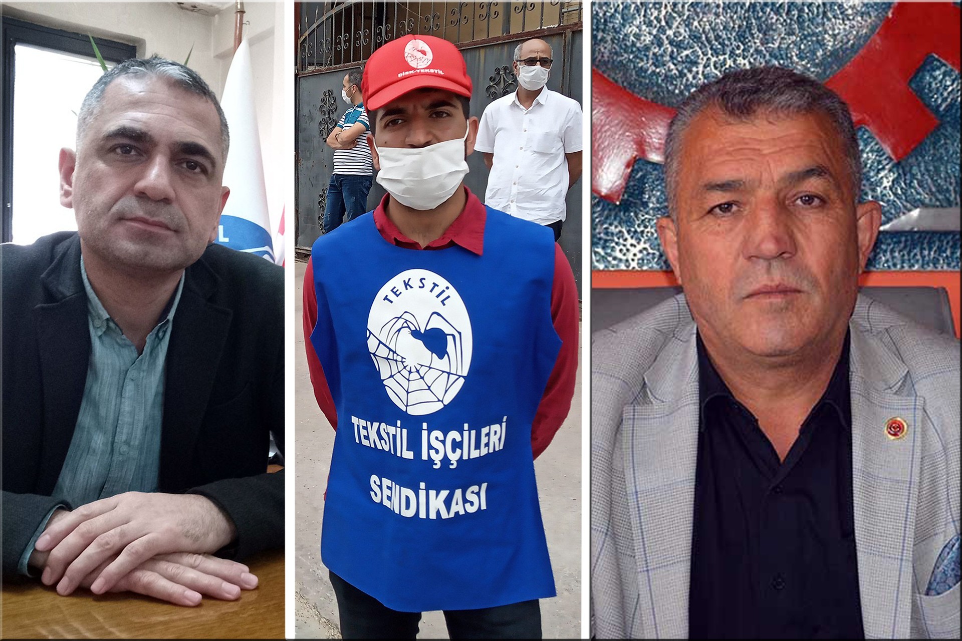 DİSK-Tekstil Antep Bölge Temsilcisi Mehmet Türkmen , Koza Halı'dan atılmasının ardından fabrika önünde direnişe başlayan işçi ve  DİSK Antep Bölge Temsilcisi Ali Güdücü'nün fotoğrafları.