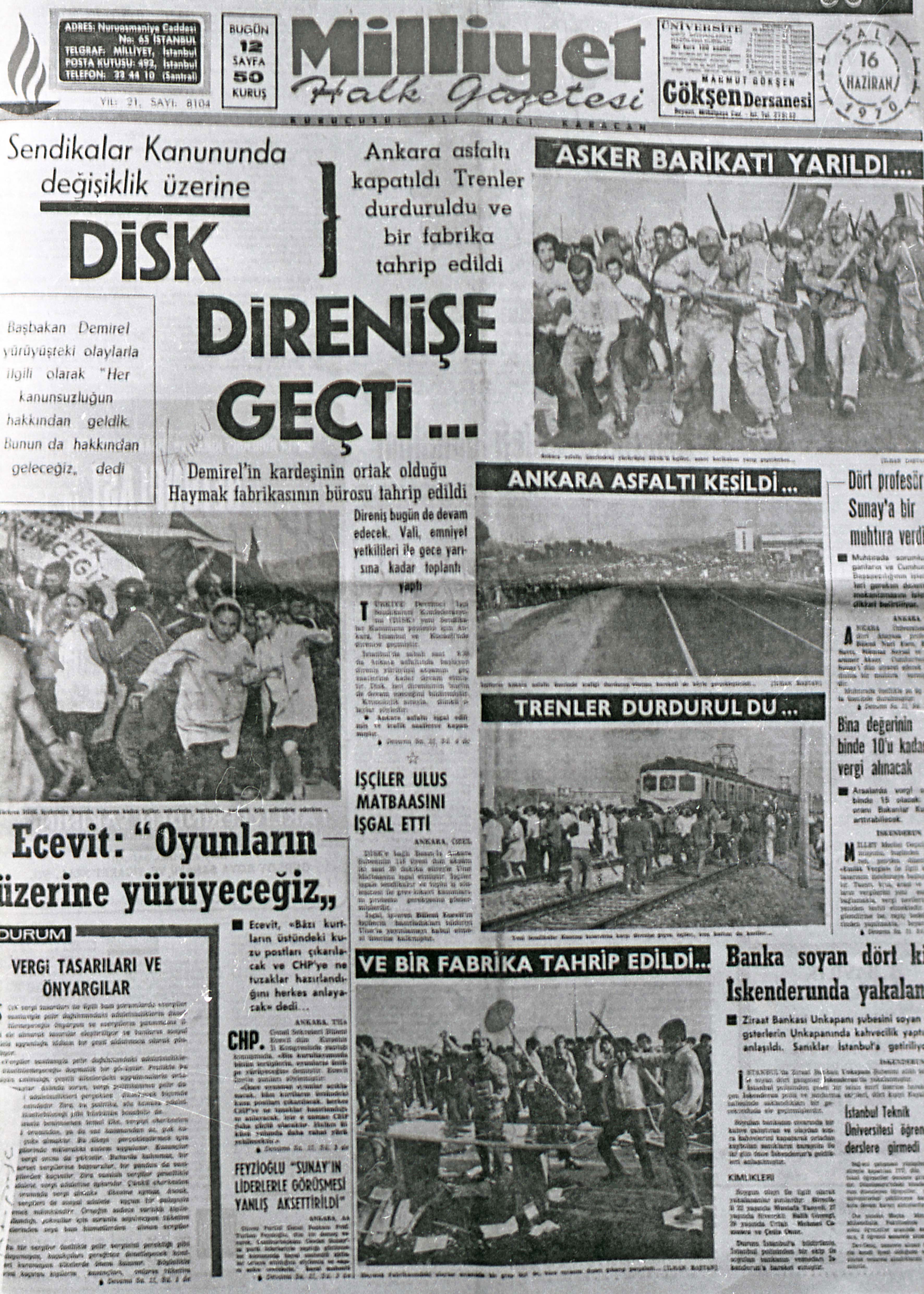 Milliyet gazetesinin 16 Haziran 1970 tarihli manşeti