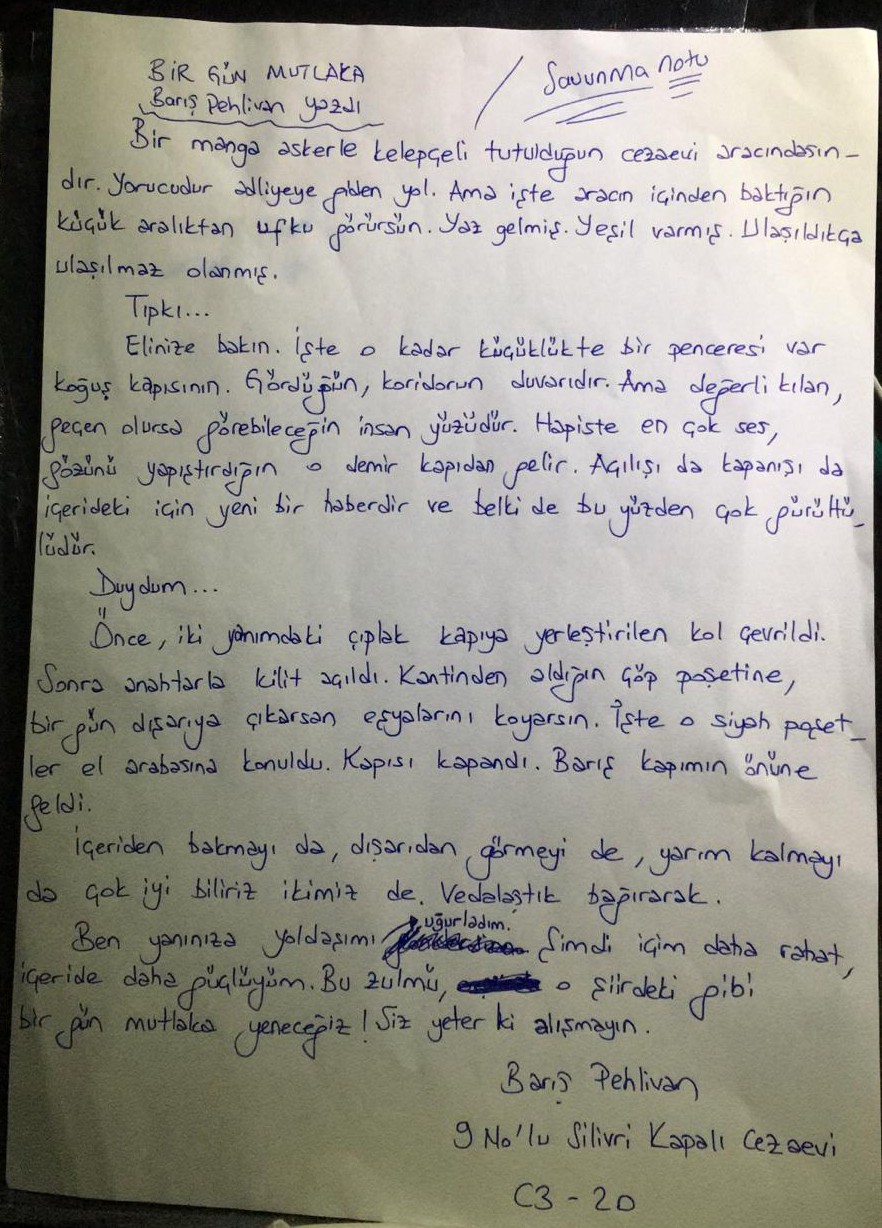 Tutuklu bulunan Odatv Genel Yayın Yönetmeni Barış Pehlivan'ın cezaevinden yazdığı not.