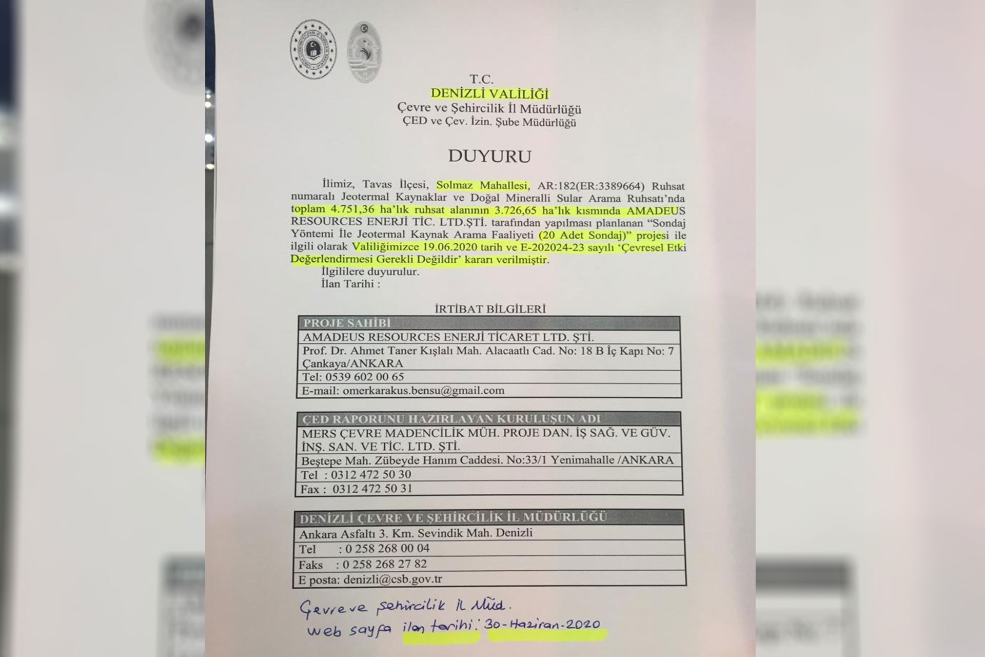 Denizli Valiliğinin Solmaz mahallesinde yapılması planlanan JES projesi için ÇED gerekli değildir kararı