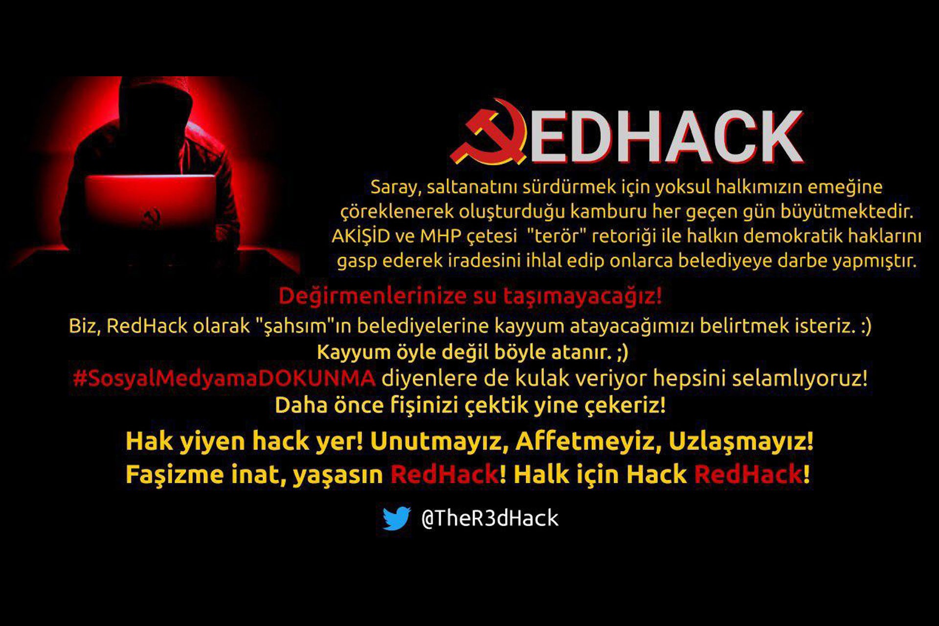 Redhack'in belediyelerin internet sitelerinde yayımladığı mesaj