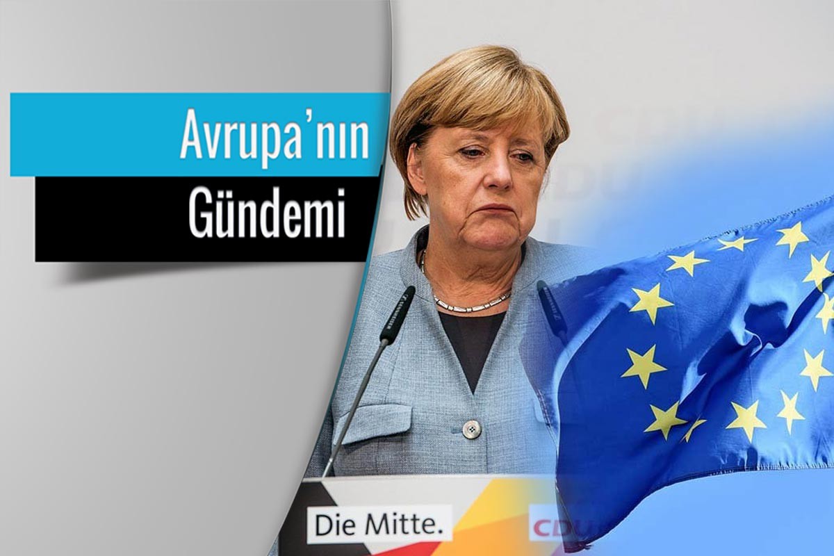 Merkel ve Avrupa Birliği bayrakları ile kolaj.