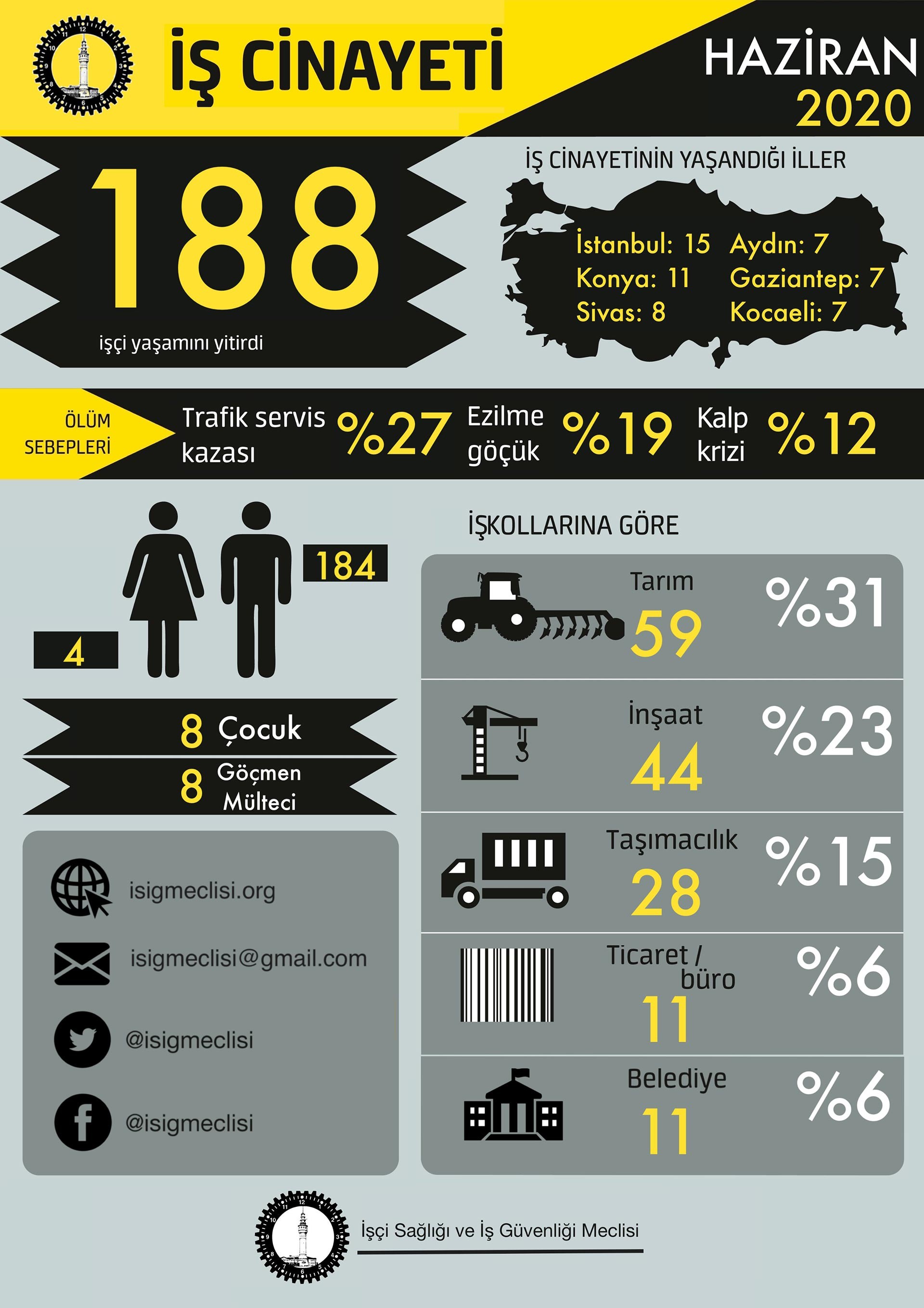 İSİG'in haziran 2020'ye dair iş cinayetleri infografiği.