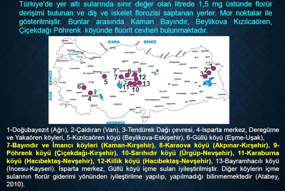 Flüorit minerali bulunan yerleri gösteren tablo