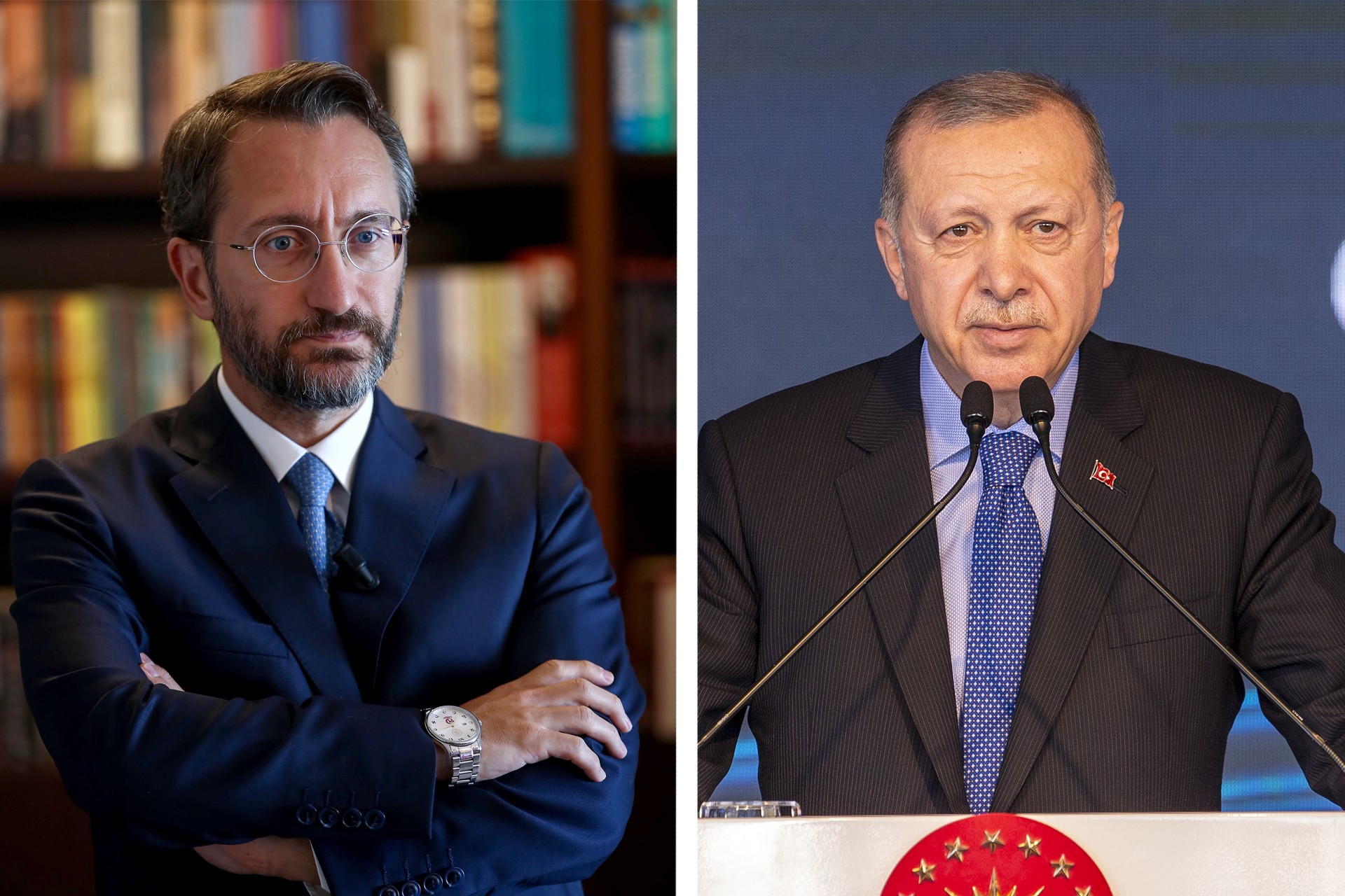 Fahrettin Altun ve Recep Tayyio Erdoğan'ın fotoğrafları.