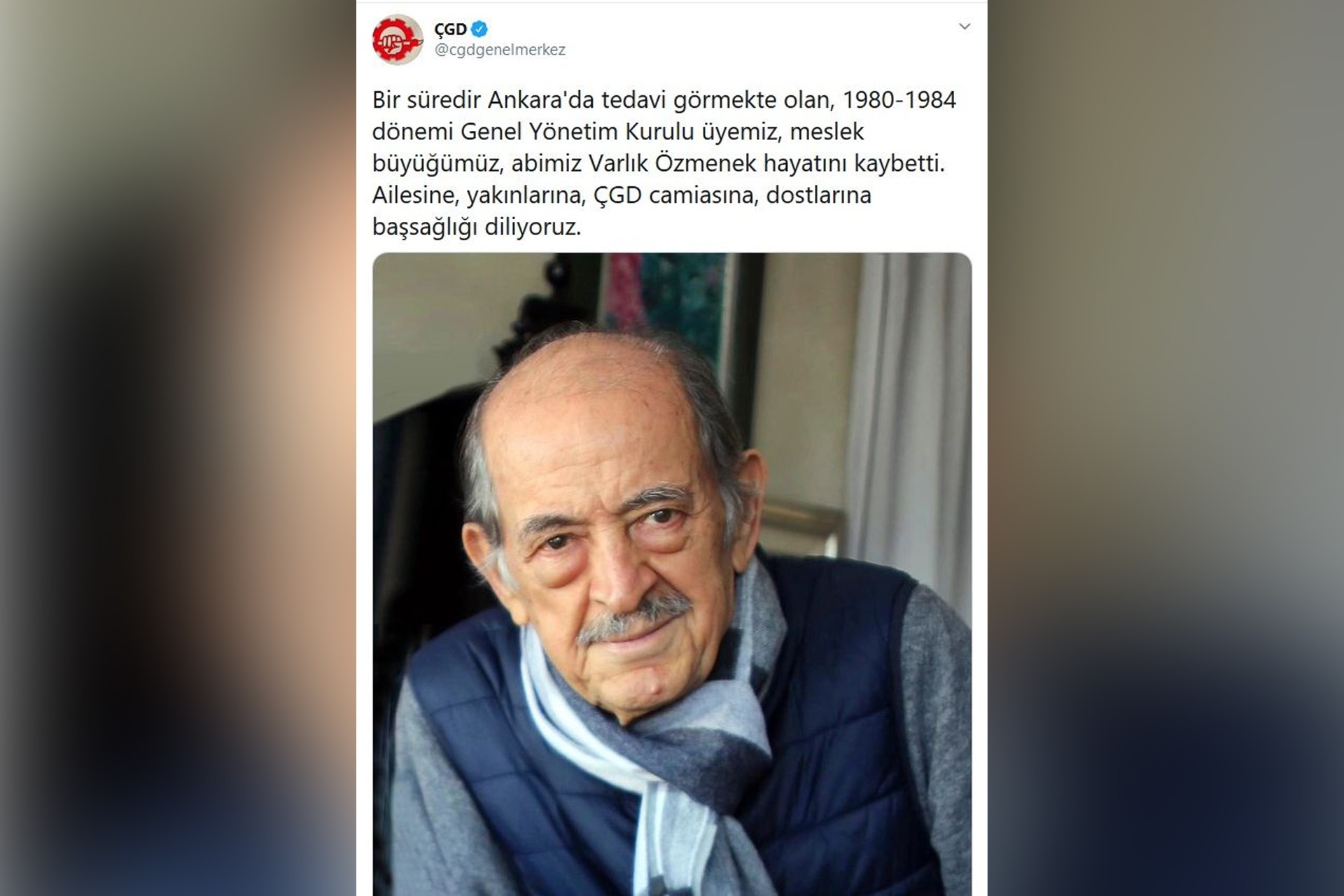  ÇGD'nin Twitter paylaşımının ekran alıntısı, Varlık Özmenek'in fotoğrafı (altta)