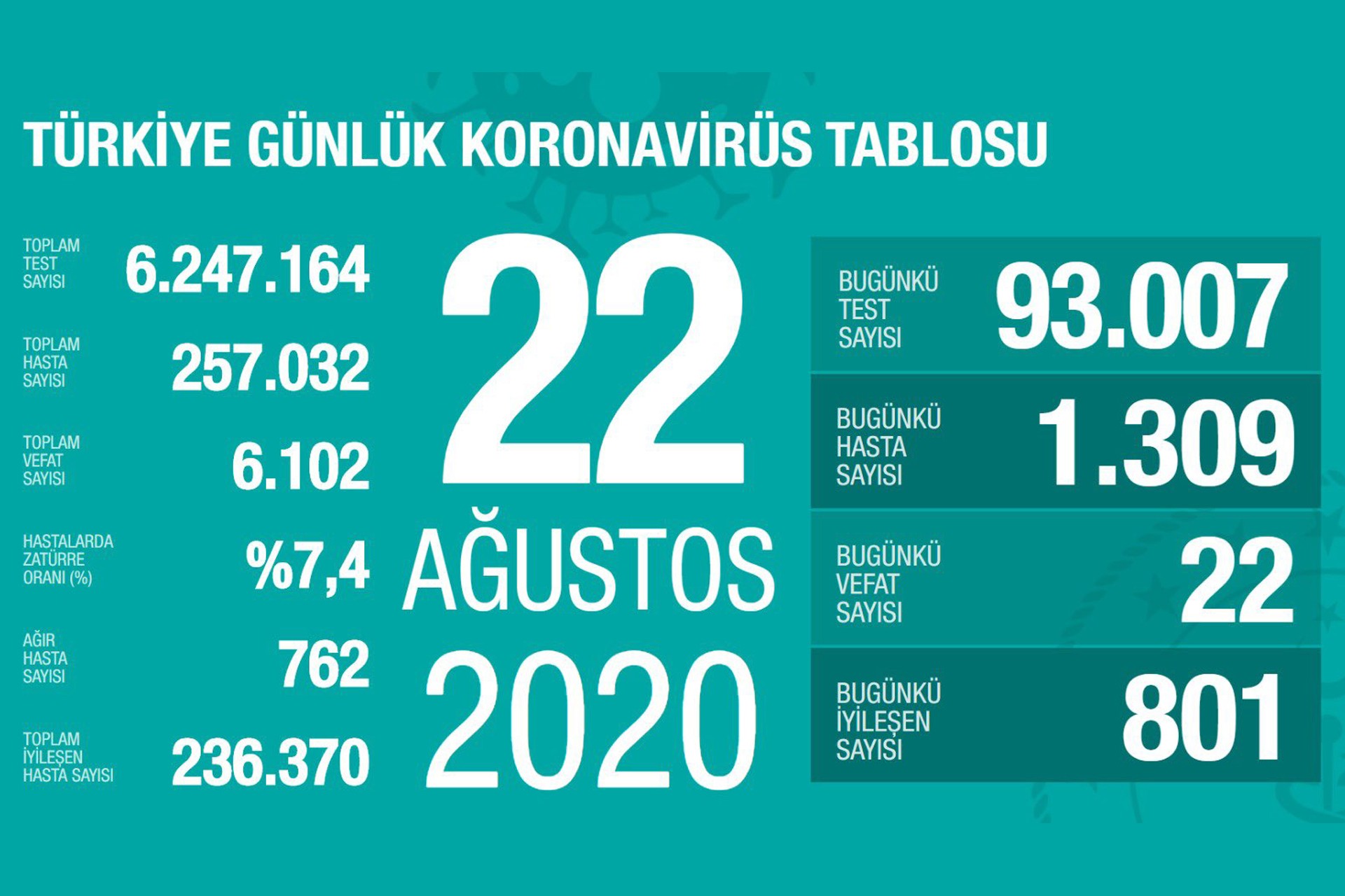 Sağlık Bakanlığının 22 Ağustos 2020 Cumartesi gününe dair paylaştığı koronavirüs tablosu