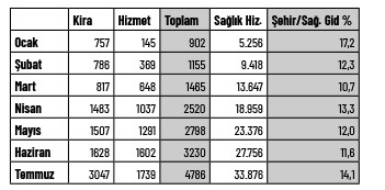 Şehir Hastaneleri Ödemeleri ve Sağlık Giderleri payı tablosu.