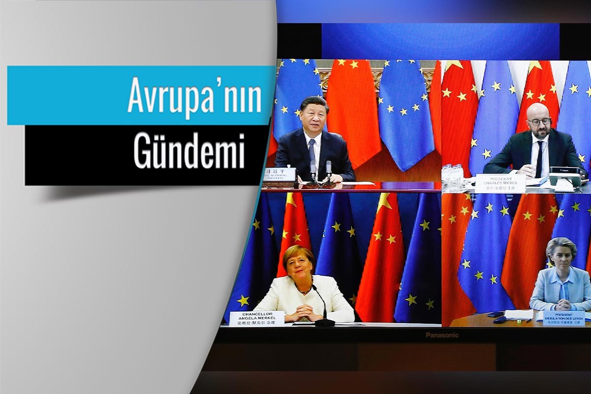 AB-Çin liderleri zirvesine katılan Ursula von der Leyen (sağ alt), Charles Michel (sağ üst), Angela Merkel (sol alt) ve Xi Jinping (sol üst) 