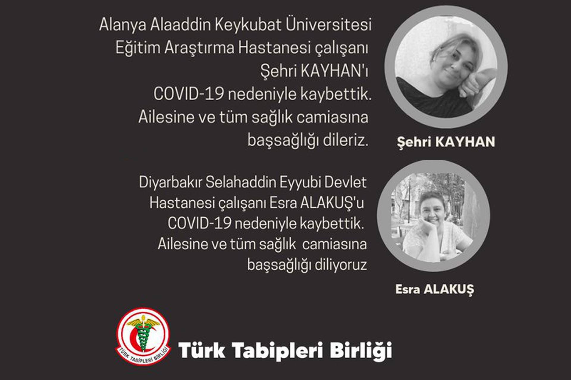 TTB iki sağlık emekçisinin yaşamını yitirdiğini duyurdu