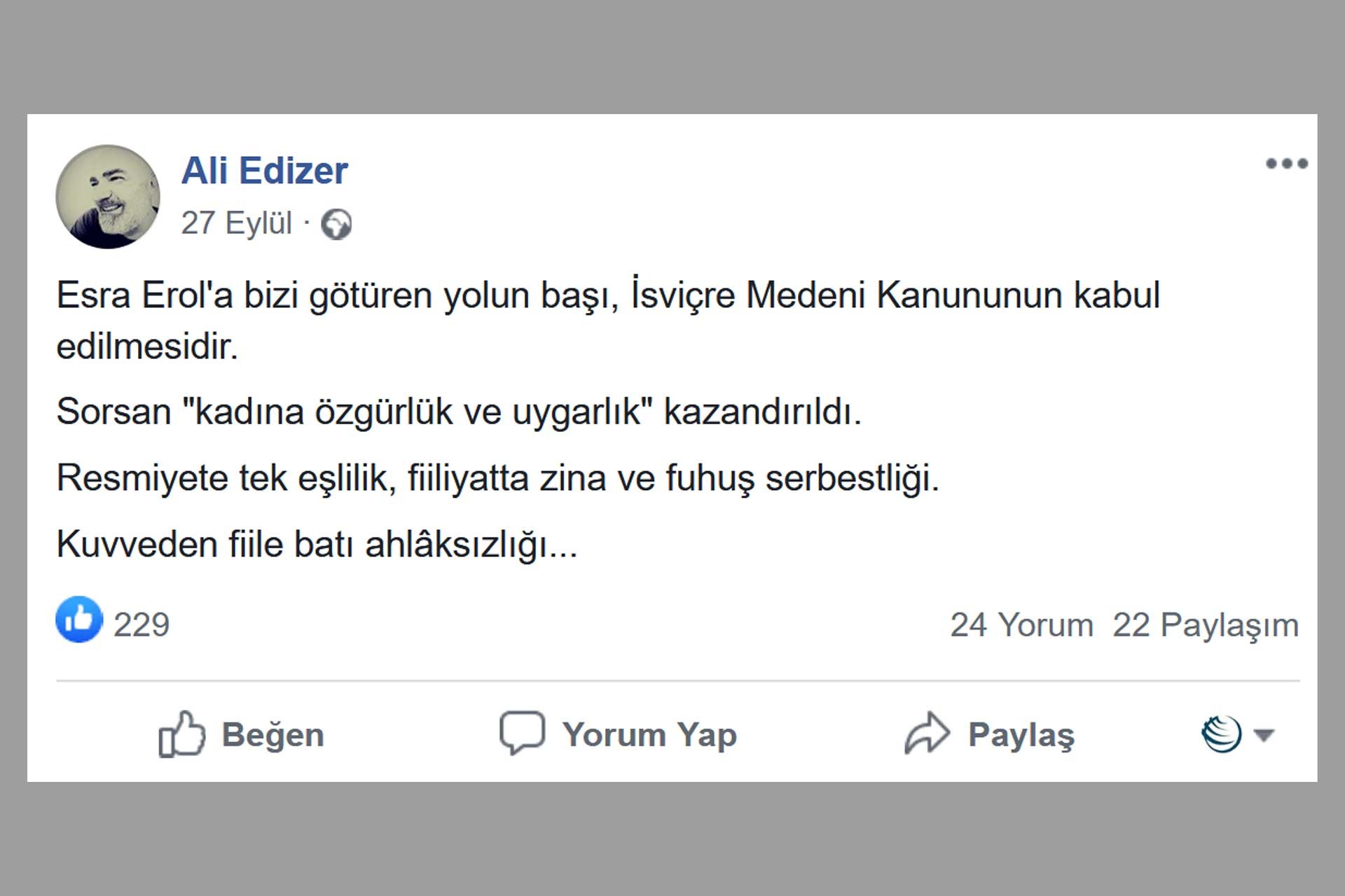 Ali Edizer'in Medeni Kanun'u suçladığı Facebook paylaşımı