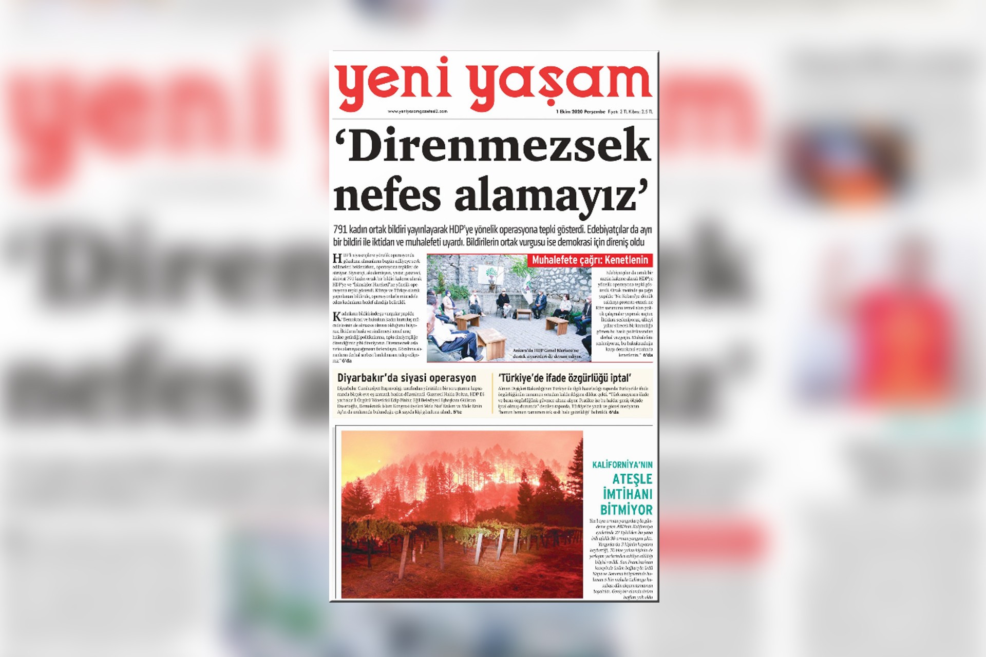 Yeni Yaşam gazetesinin 1 Ekim 2020 Perşembe tarihli birinci sayfası