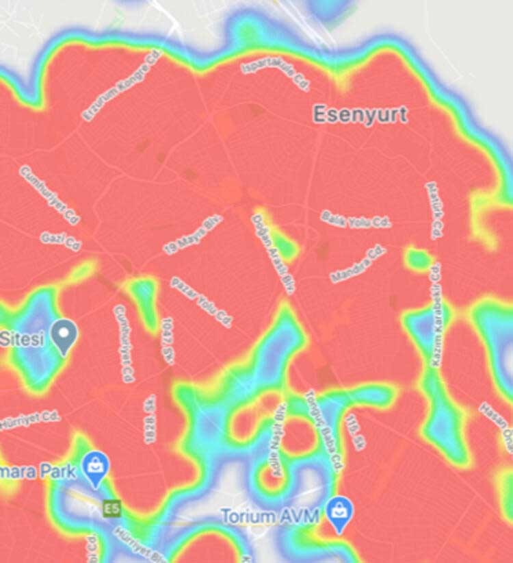 Esenyurt bölgesindeki vaka yoğunluğunu gösteren ekran alıntısı