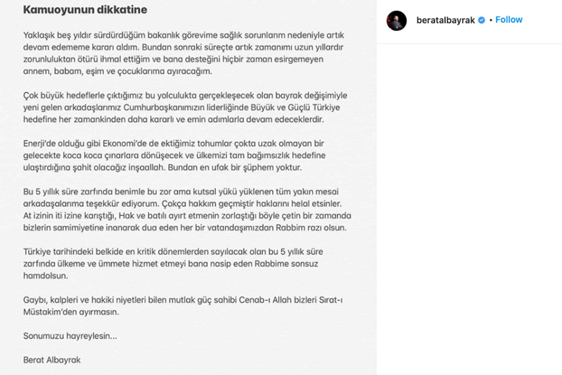 Berat Albayrak'ın Instagram hesabından paylaştığı istifa duyurusu