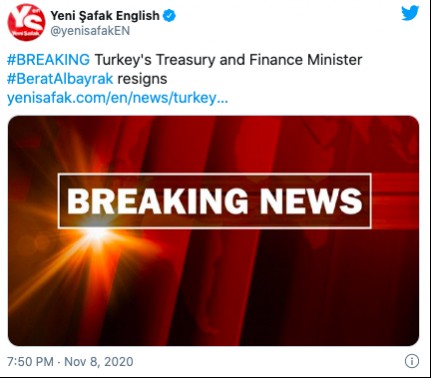 Yeni Şafak English'in Berat Albayrak'ın istifasına ilişkin paylaşımı