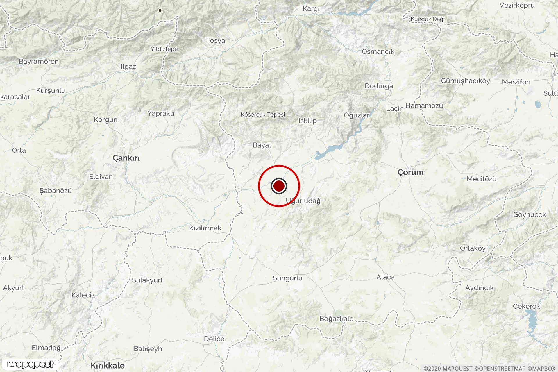 Çorum'da meydana gelen 4.2 büyüklüğündeki depremin merkezini ve çevresini gösteren harita