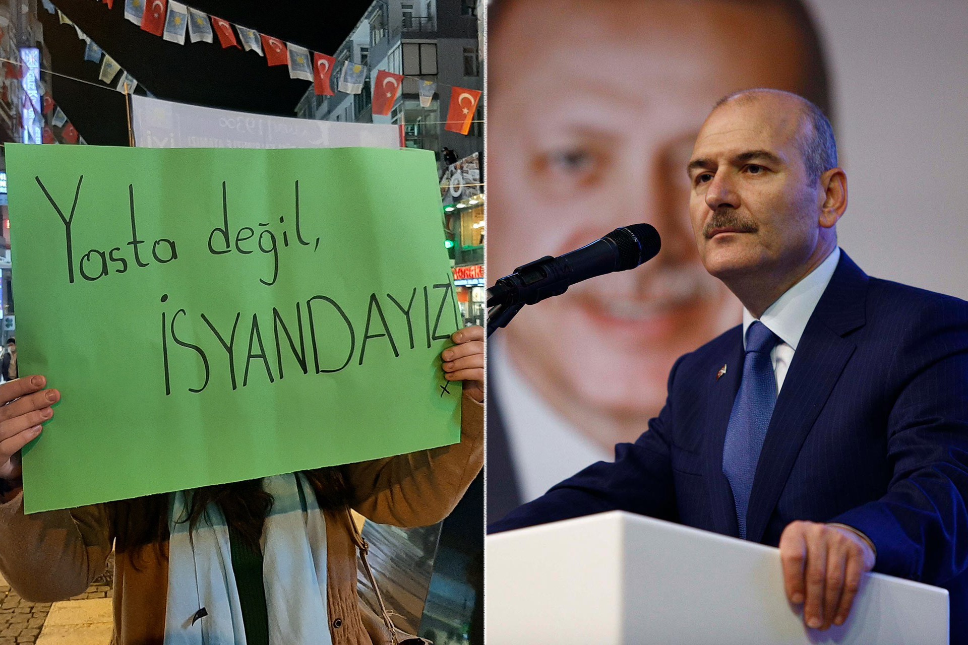 'Yasta değil isyandayız' yazılı döviz tutan kadın ve Süleyman Soyl fotoğrafları