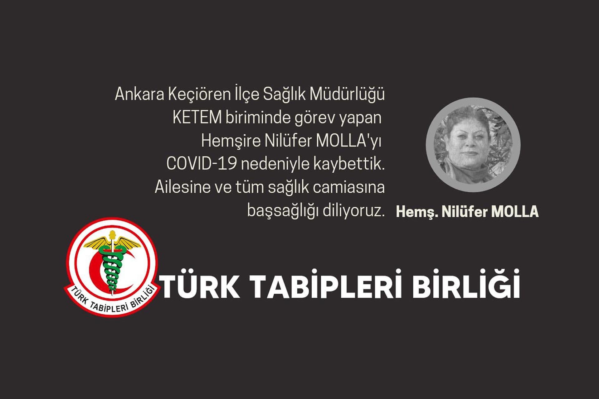 TTB'nin Hemşire Nilüfer Molla'nın ölüm ilanı için hazırladığı görsel