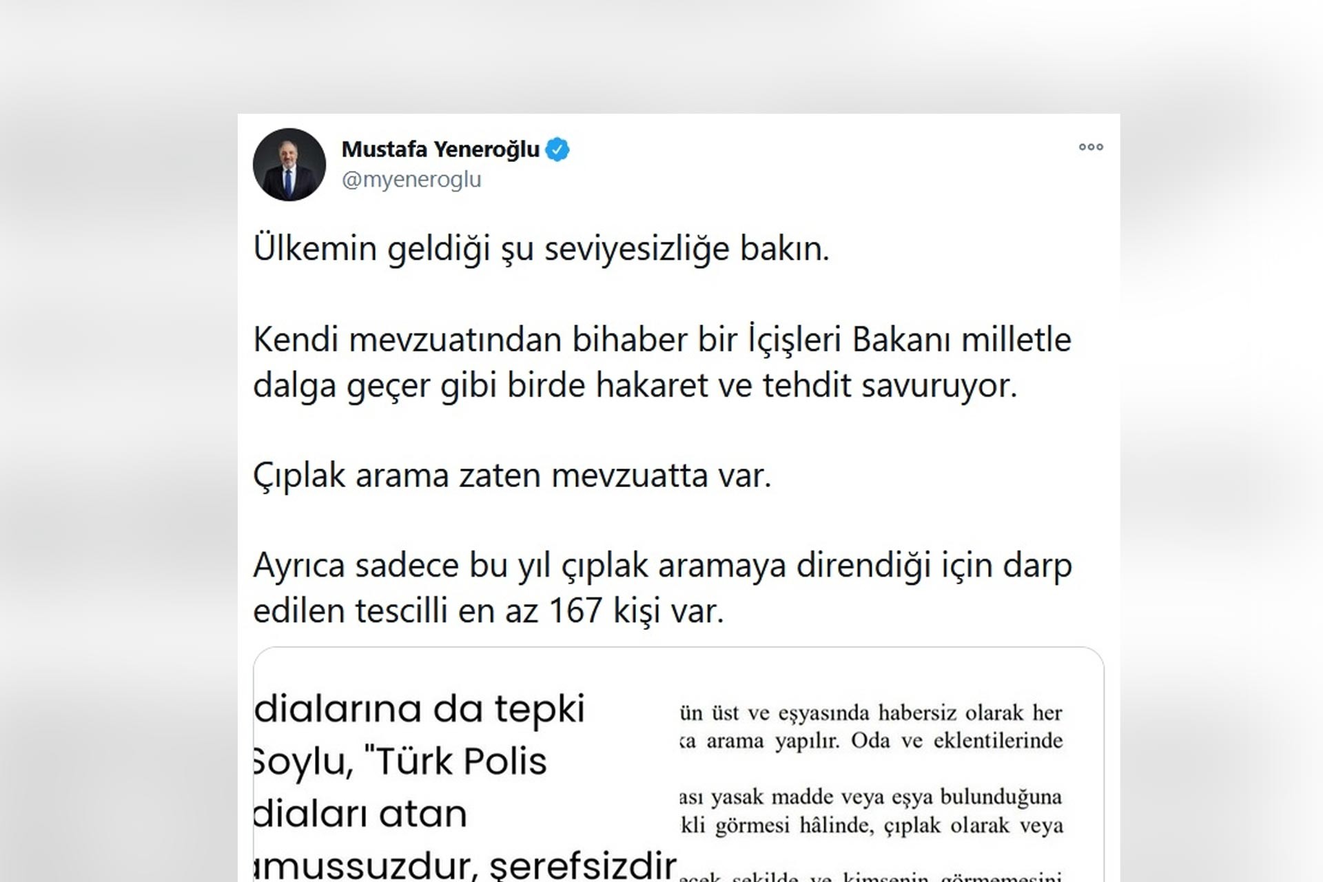 Mustafa Yeneroğlu'nun Twitter paylaşımının ekran alıntısı