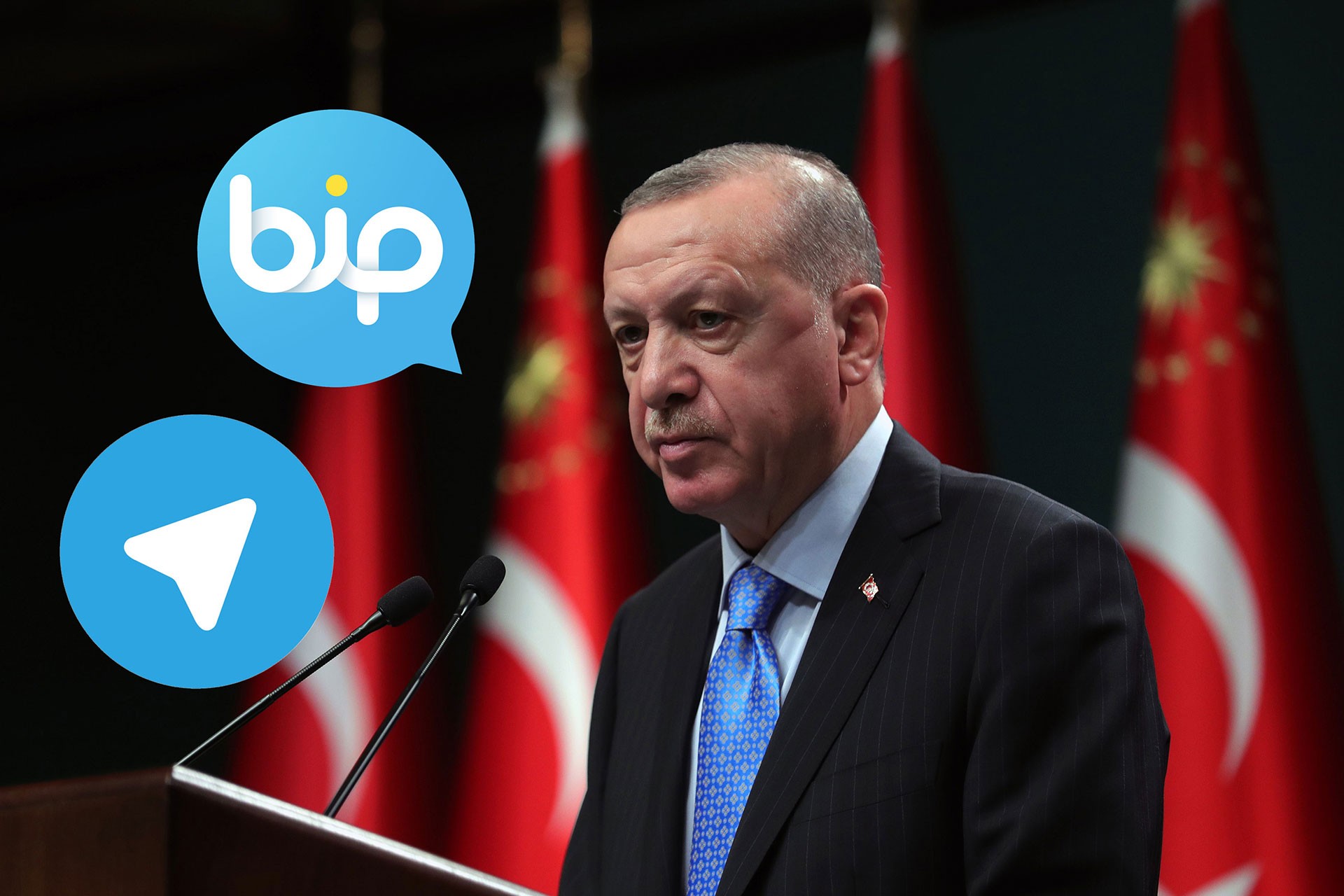 Erdoğan ve BİP ile Telegram logolaru