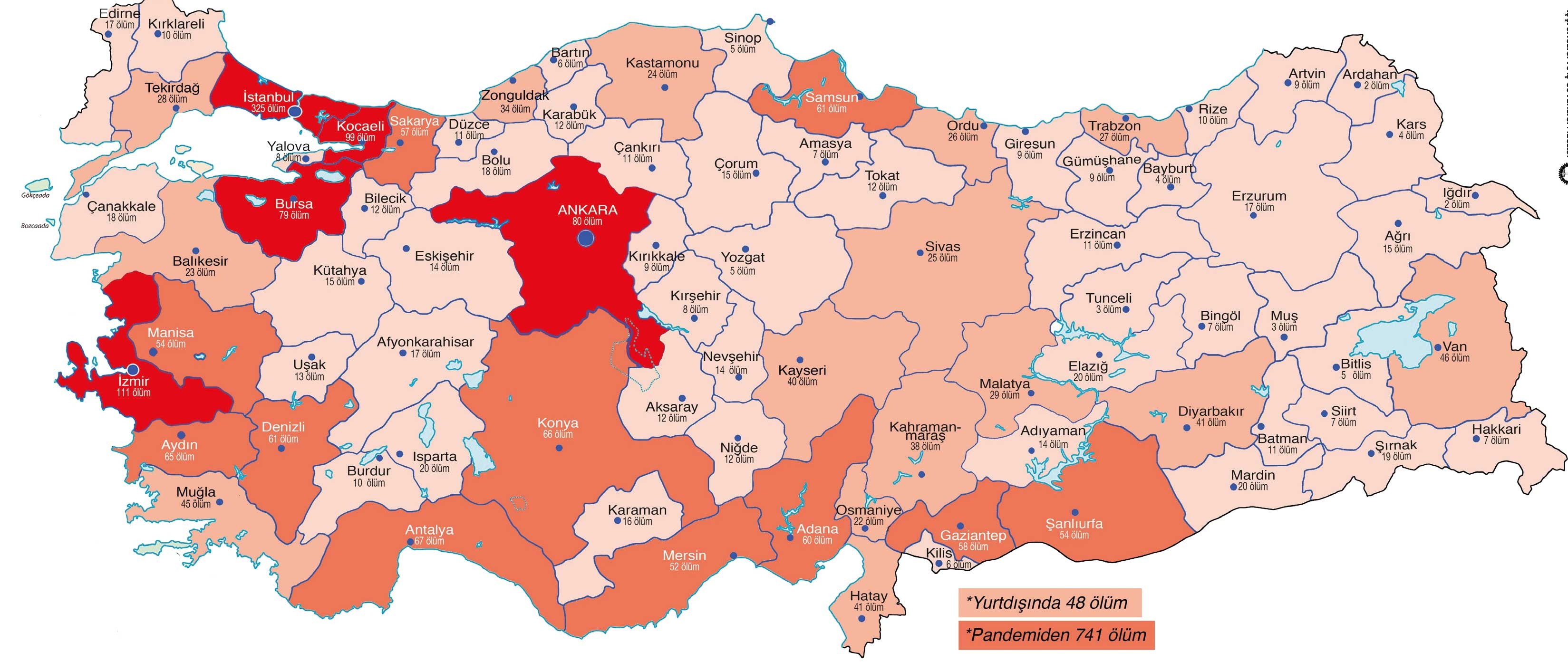 2020'deki iş cinayetlerinin illere ve yurtdışına göre dağılımı