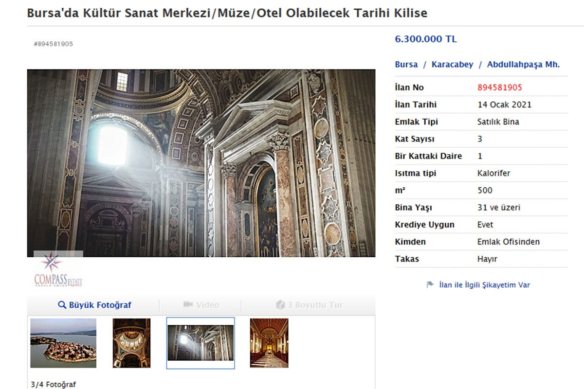 Kilise satış ilanından ekran görüntüsü.