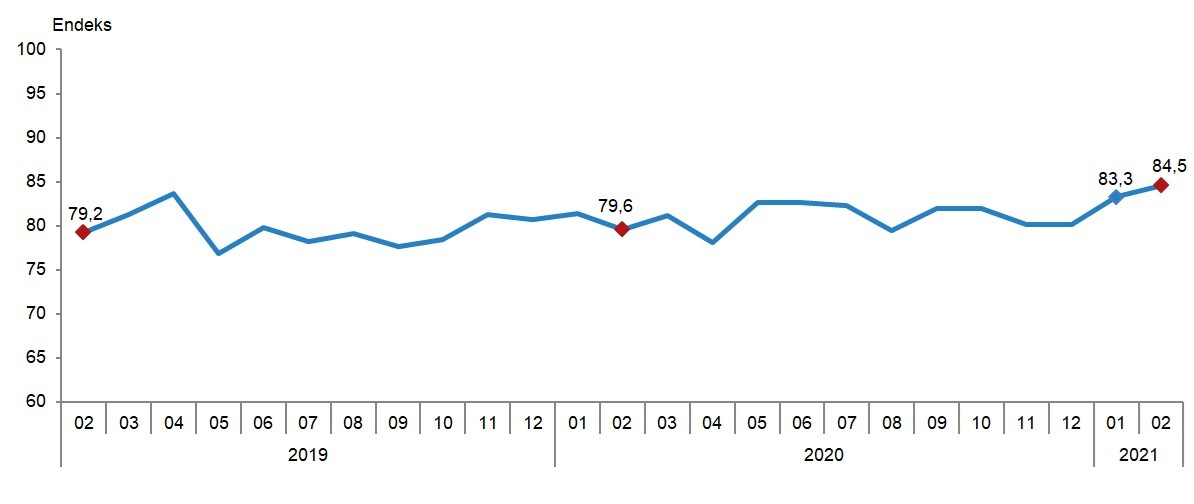 Mevsim etkilerinden arındırılmış tüketici güven endeksi, Şubat 2021