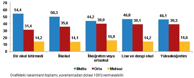 Eğitim durumuna göre mutluluk düzeyi (%), 2020