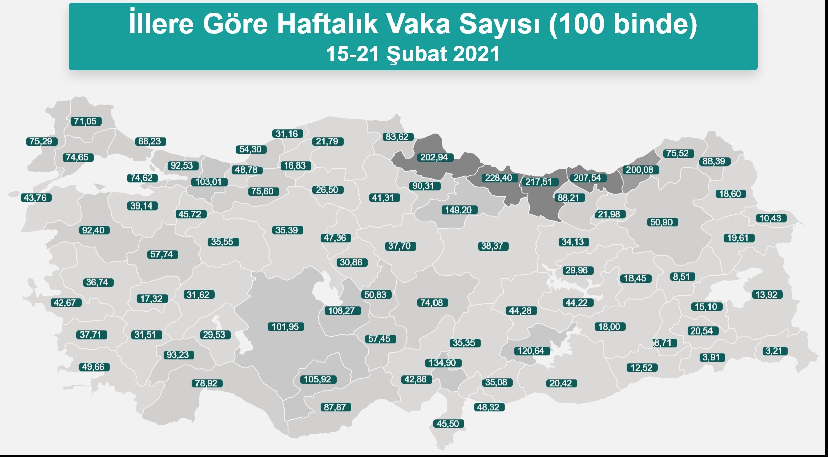 15-21 Şubat 2021 tarihli illere göre vaka sayısı (100 binde) haritası 