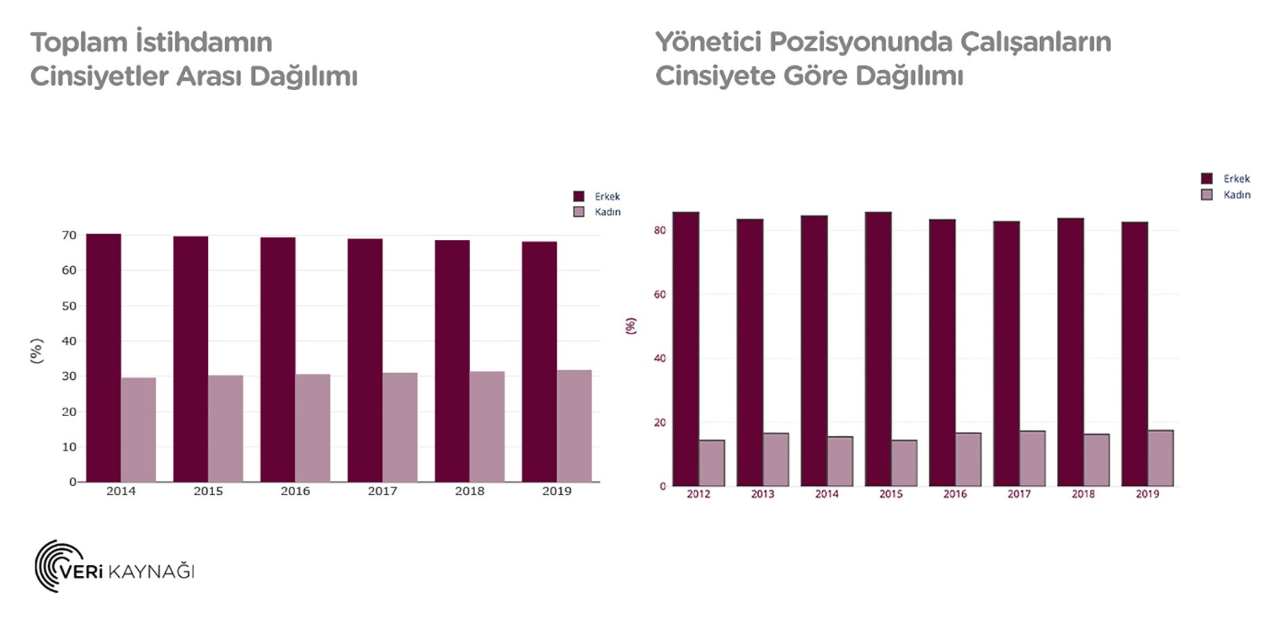 Toplam istihdamın ve yönetici pozisyonunda çalışanların cinsiyete göre dağılım grafiği