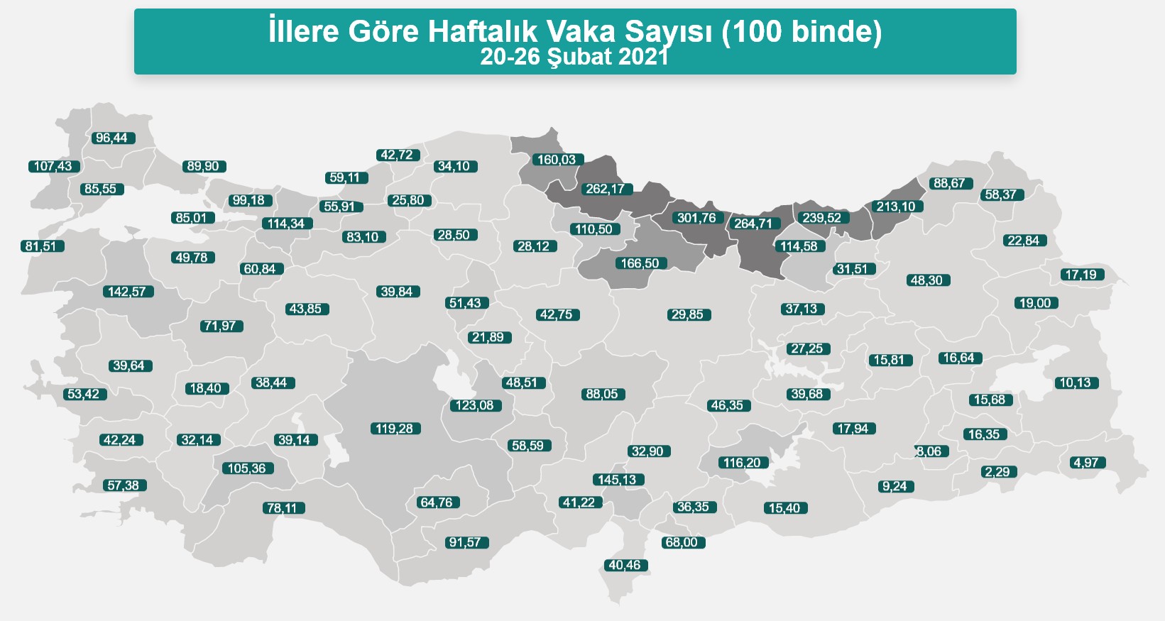 20-26 Şubat 2021 tarihli illere göre vaka sayısı (100 binde) haritası 