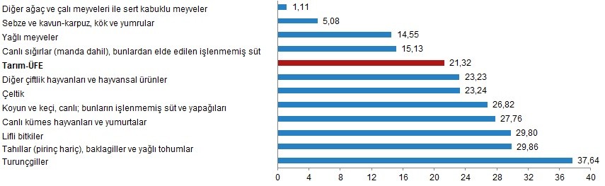 Alt gruplara göre Tarım-ÜFE yıllık değişim oranları (%), Şubat 2021