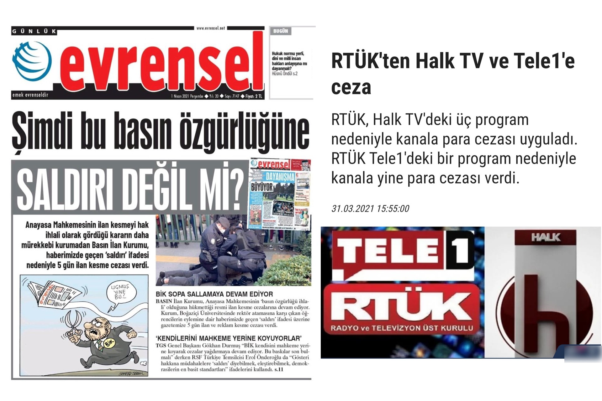 Evrensel Halk Tv ve Tele 1 e kesilen cezalarla ilgili haber görselleri