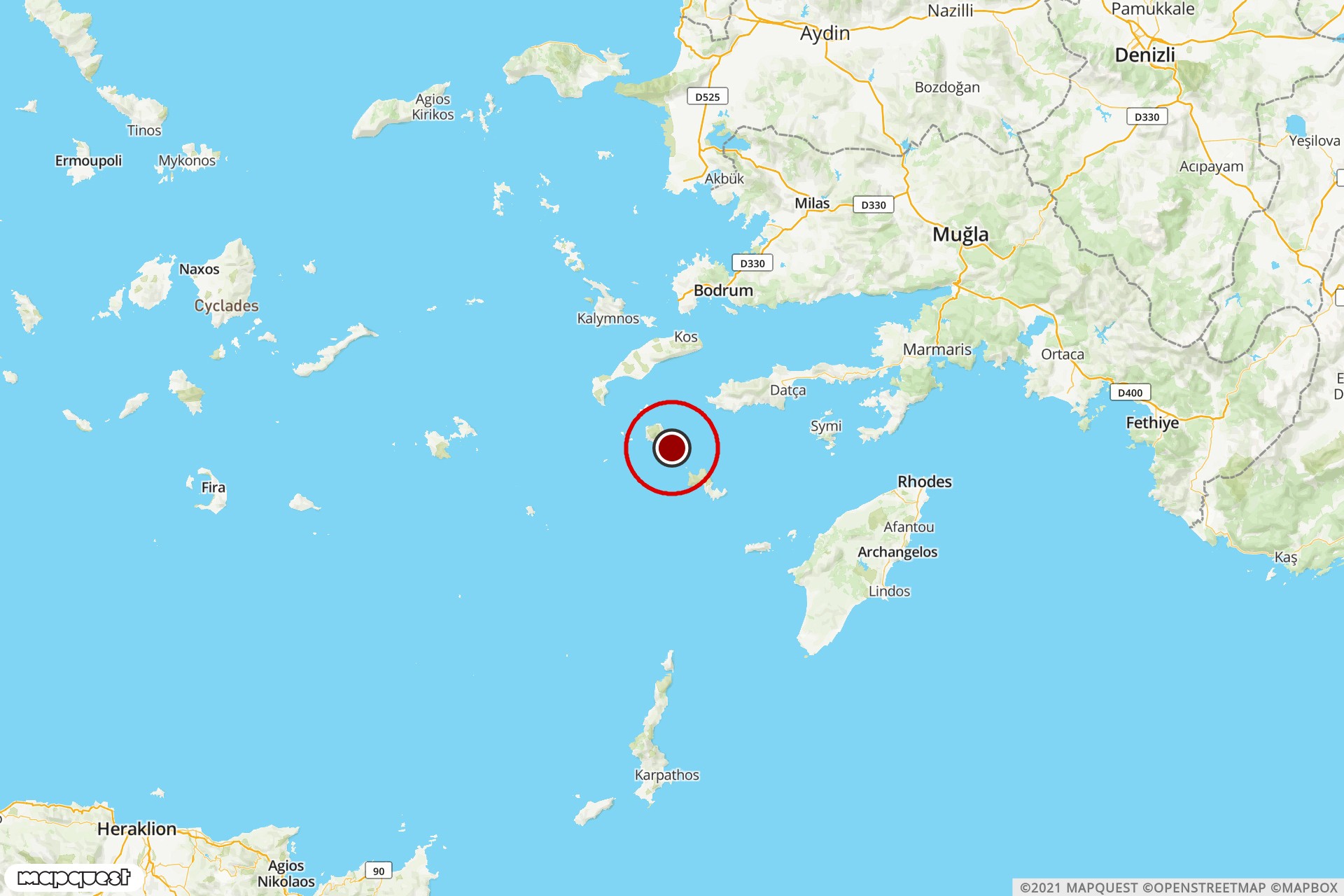 Ege Denizi'nde meydana gelen 5.1 büyüklüğündeki depremin merkezini ve çevresini gösteren harita.