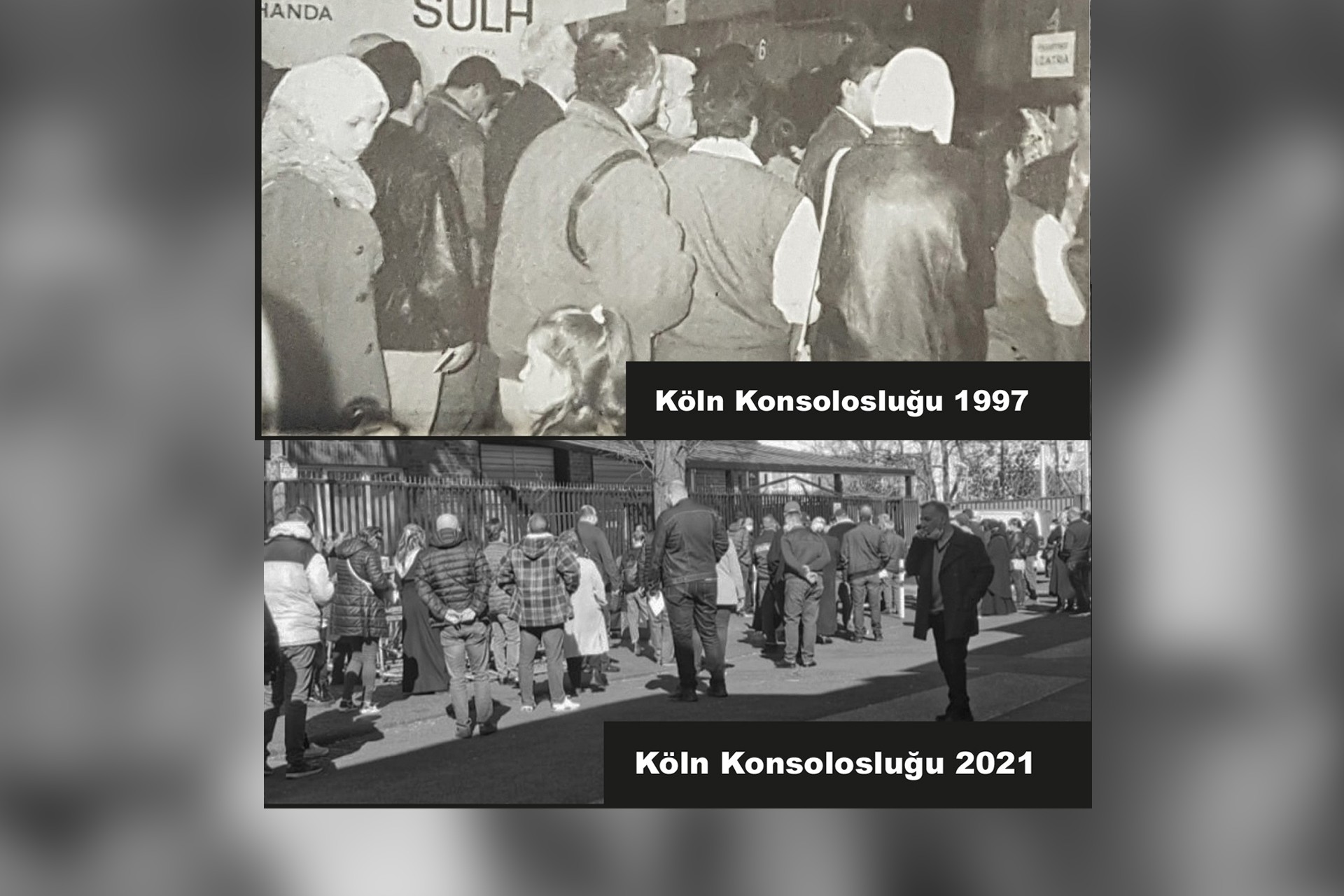 Köln'deki konsolosluk önündeki kuyruğun 1997'de ve 2021'de çekilmiş fotoğrafları.