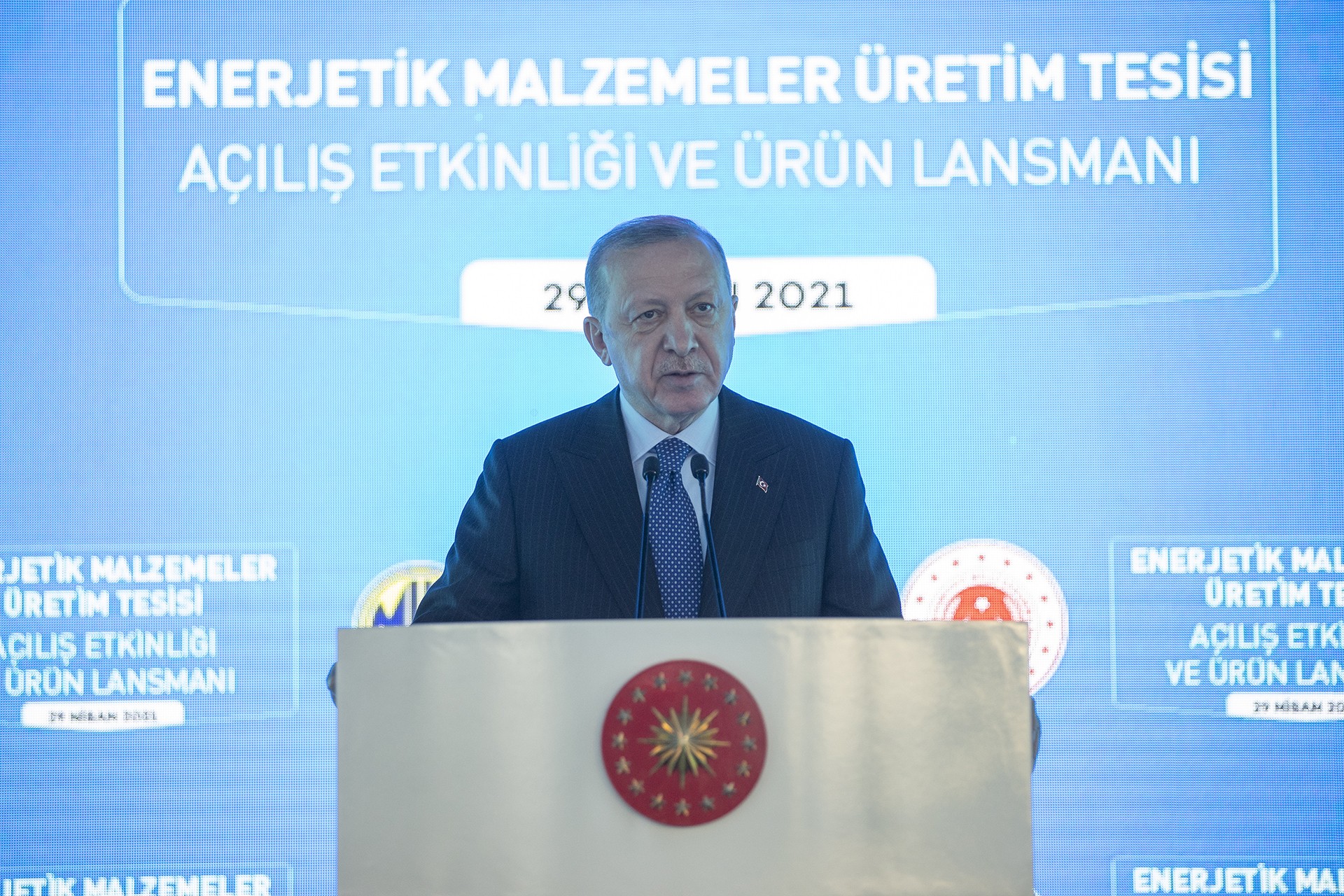 Cumhurbaşkanı Recep Tayyip Erdoğan 'Enerjetik Malzemeler Üretim Tesisi Açılış Etkinliği' esnasında konuşurken.