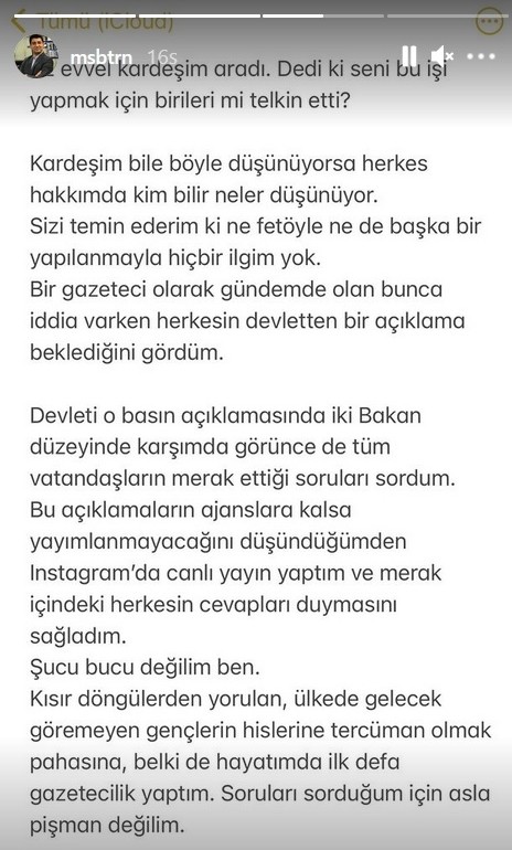 Musab Turan'ın Instagram hesabında paylaştığı iletinin ekran alıntısı