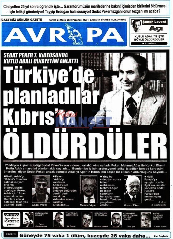 Kıbrıs Avrupa gazetesinin 24 Mayıs 2021 Pazartesi günkü birinci sayfası