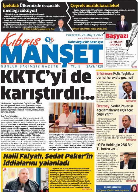 Kıbrıs Manşet gazetesinin 24 Mayıs 2021 Pazartesi günkü birinci sayfası