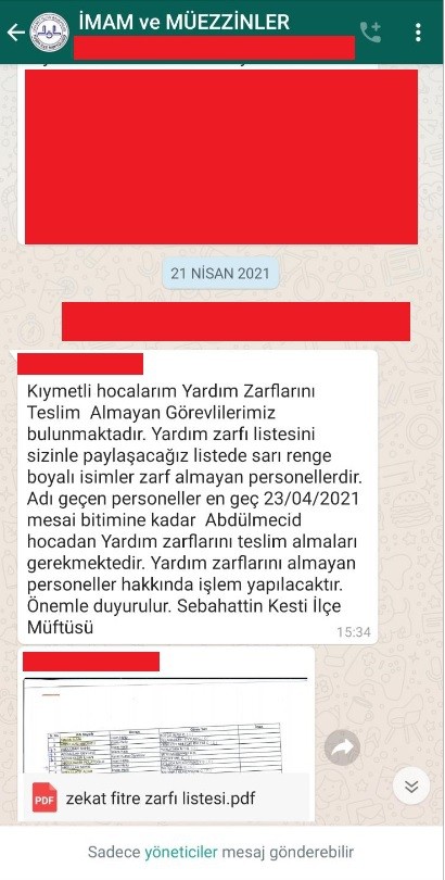 Yardım zarfları konusunda müftülüğün whatapp grubundaki yazışma.