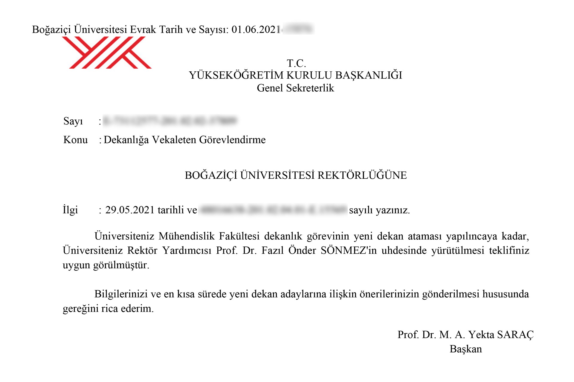 Prof. Dr. Fazıl Önder Sönmez'in atanmasına dair yazı