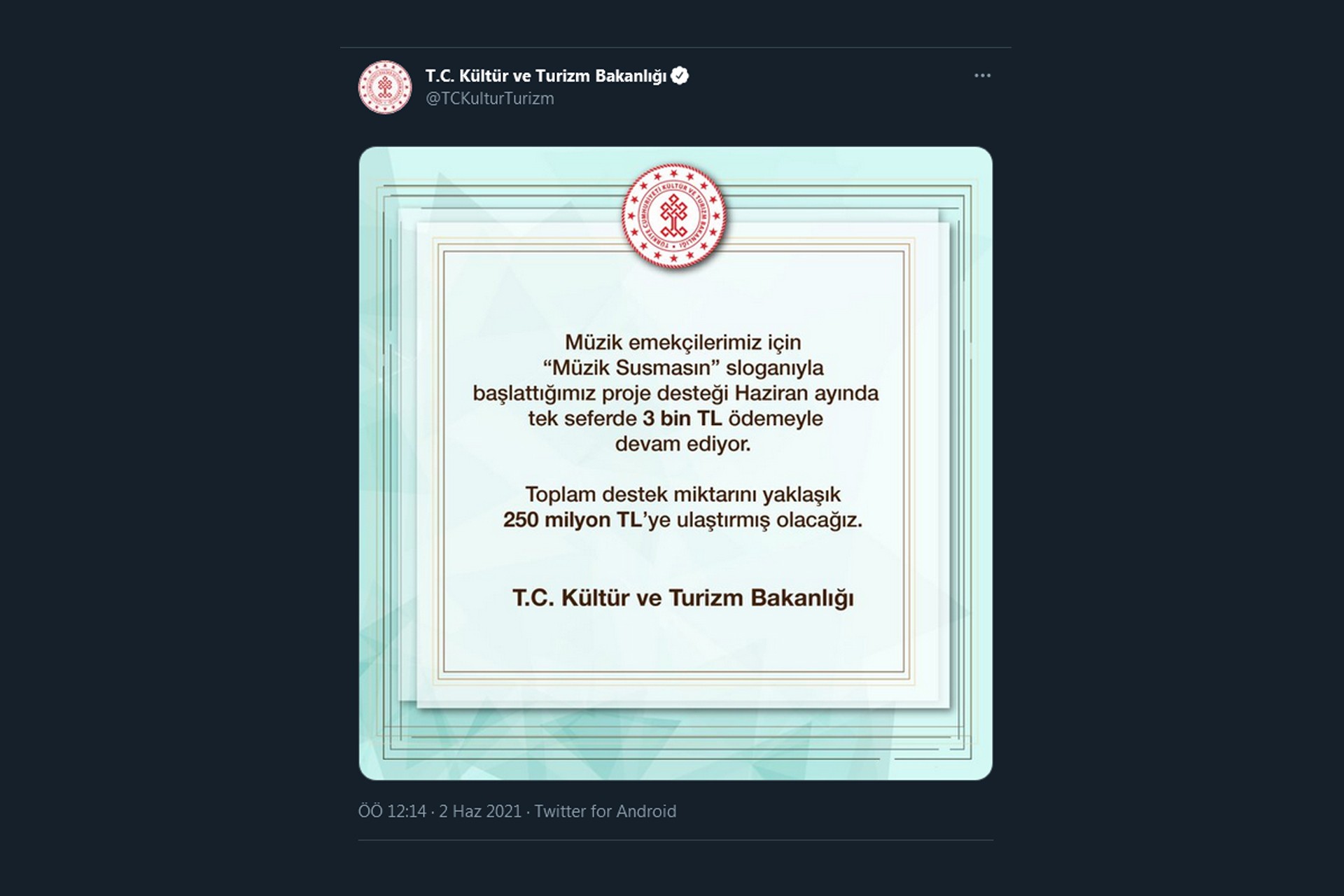 Kültür ve Turizm Bakanlığının Twitter gönderisi