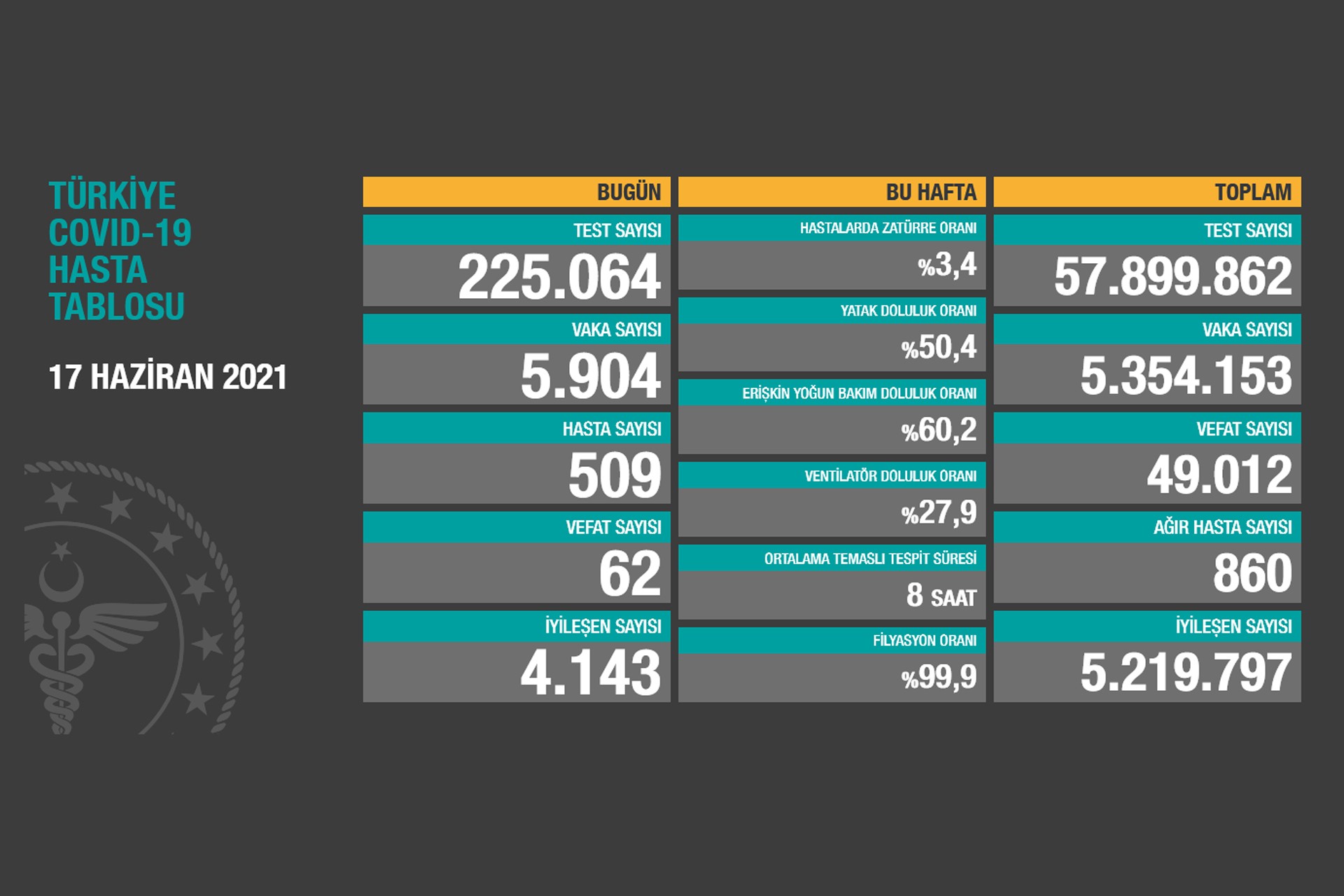 Sağlık Bakanlığının 17 Haziran 2021 Perşembe gününe dair açıkladığı Covid-19 Hasta Tablosu.