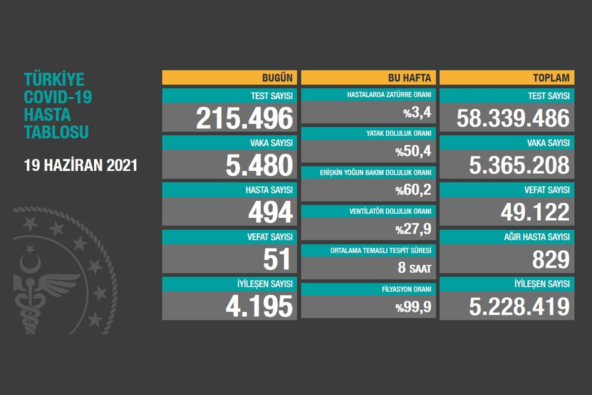 Sağlık Bakanlığının 19 Haziran 2021 tarihli Kovid-19 tablosu
