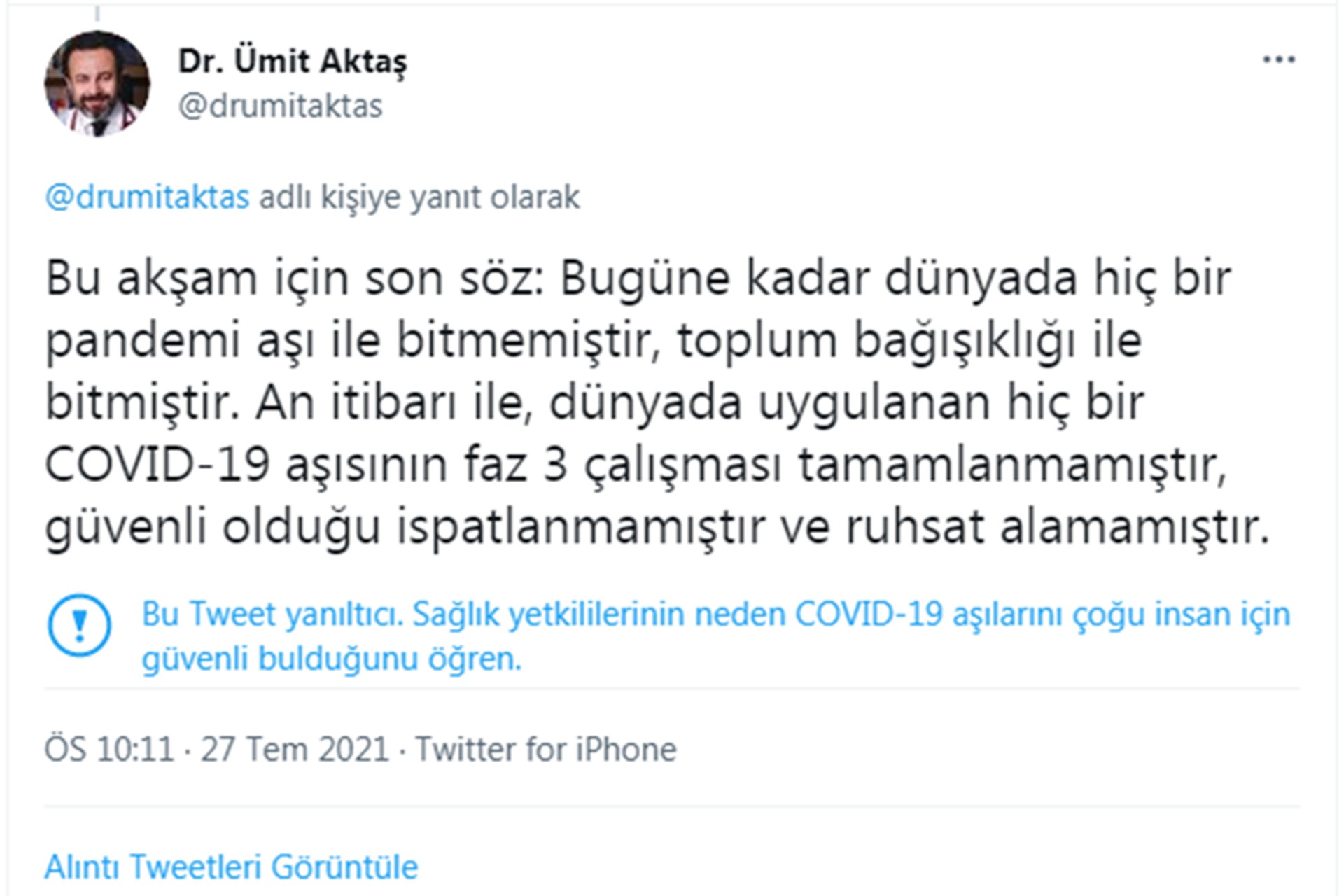 Twitter, aşılar hakkında yanlış bilgi yayan Ümit Aktaş'ın tweetlerine uyarı ekledi