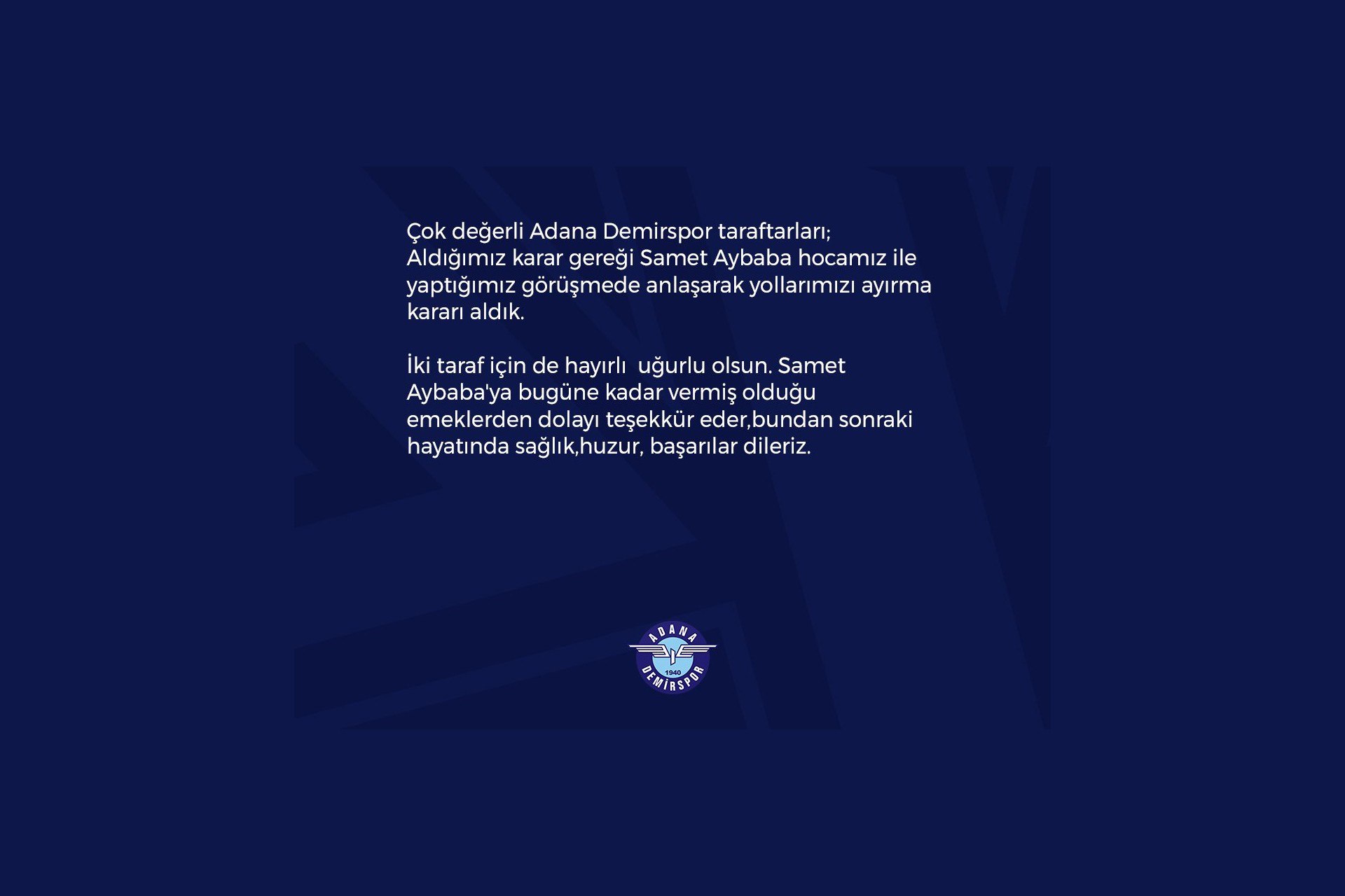 Adana Demirspor'un Samet Aybaba'nın görevden ayrılmasına dair paylaştığı Twitter gönderisi