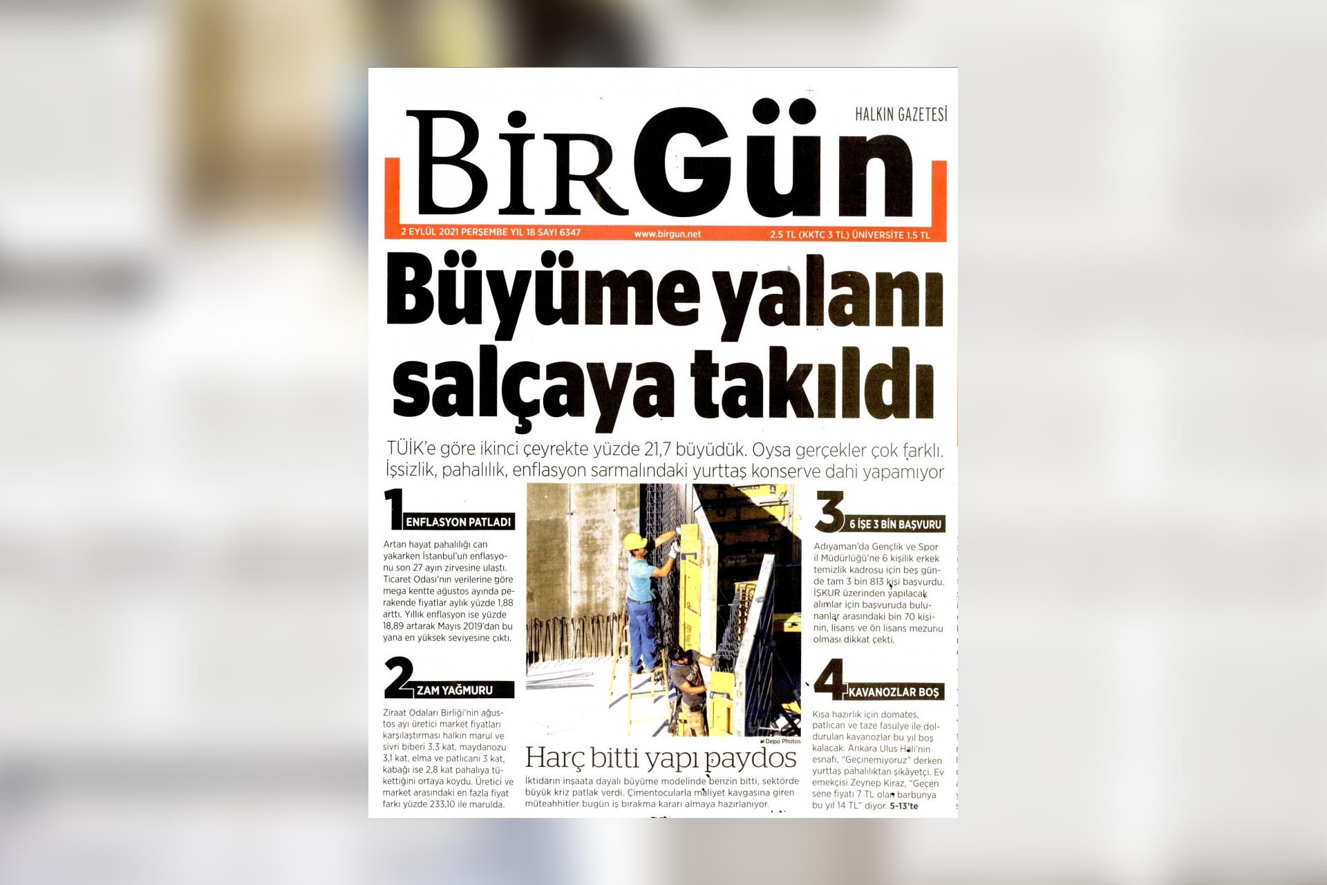 BirGün gazetesinin 2 Eylül Perşembe günü 'Büyüme rakamları' ile ilgili yayınladığı haber